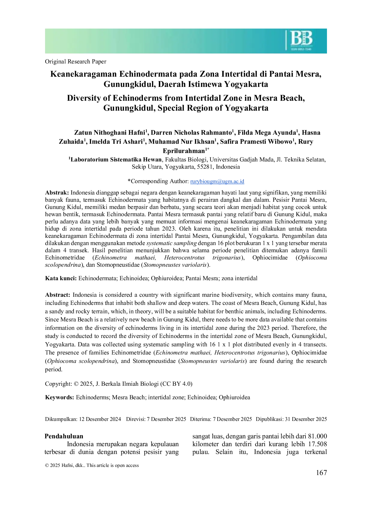 JURIS Diversity of Echinoderms from Intertidal Zone in Mesra Beach Gunungkidul Special Region of Yogyakarta