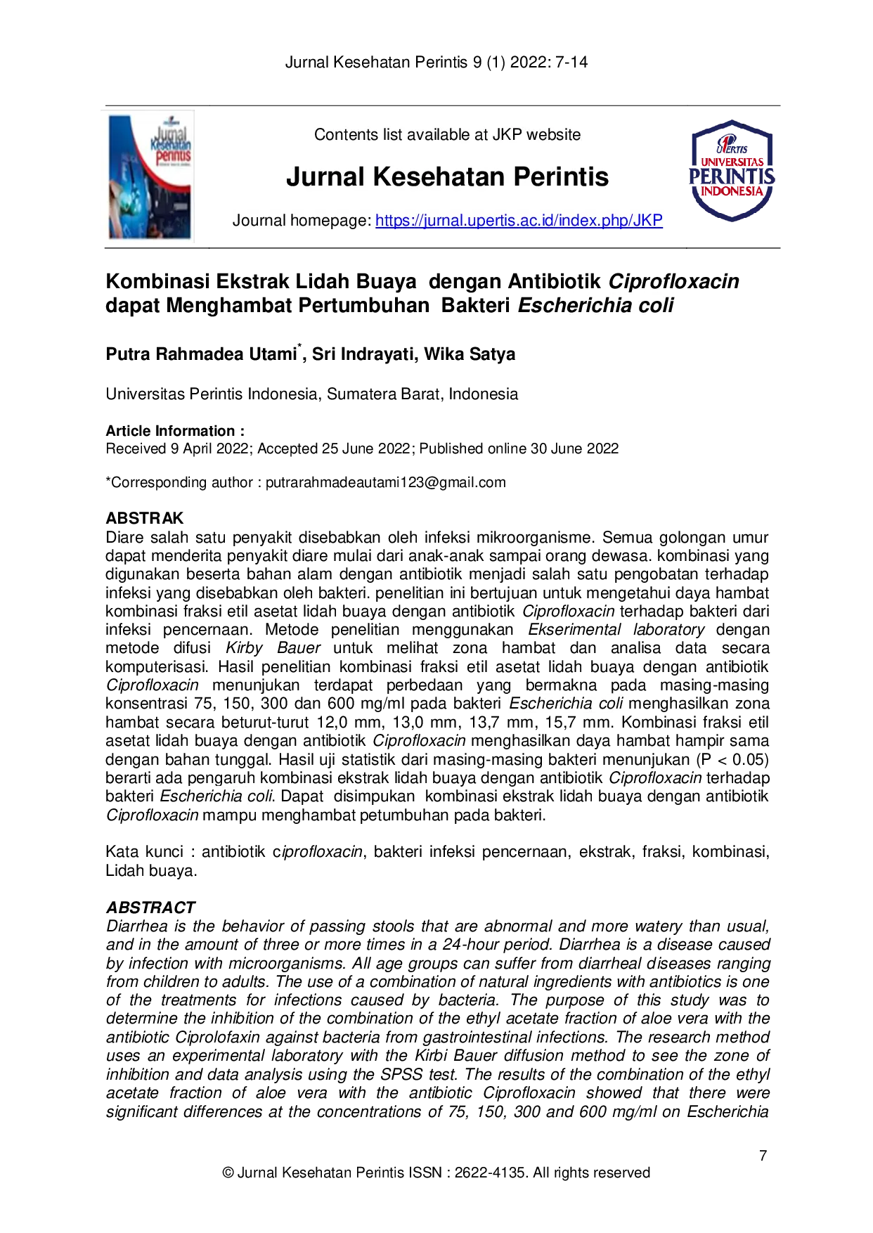 JURIS Kombinasi Ekstrak Lidah Buaya dengan Antibiotik Ciprofloxacin dapat Menghambat Pertumbuhan Bakteri Escherichia coli