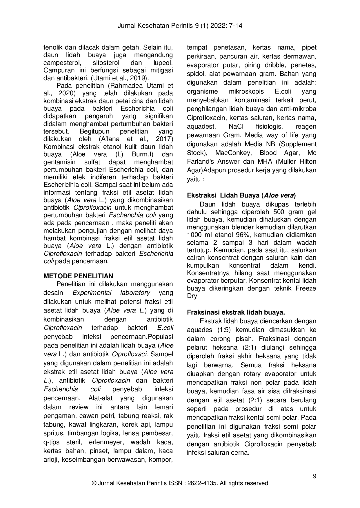 JURIS Kombinasi Ekstrak Lidah Buaya dengan Antibiotik Ciprofloxacin dapat Menghambat Pertumbuhan Bakteri Escherichia coli