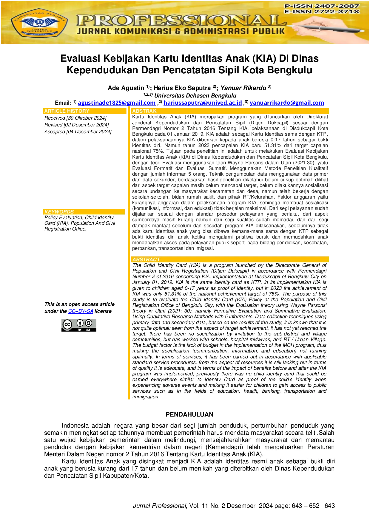 JURIS Evaluasi Kebijakan Kartu Identitas Anak KIA Di Dinas Kependudukan Dan Pencatatan Sipil Kota Bengkulu