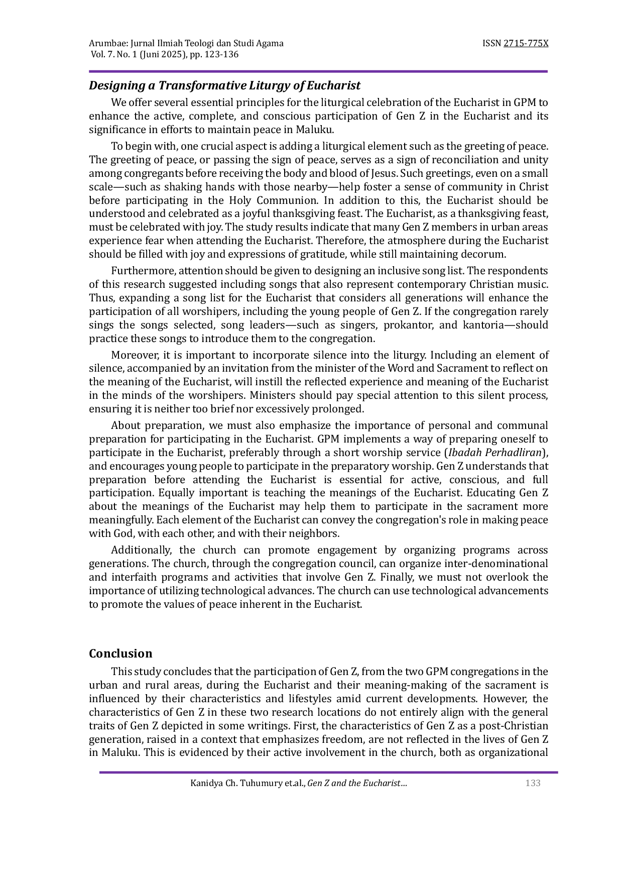 JURIS Gen Z and the Eucharist in the context of Maluku Protestant Church GPM A Liturgical Study