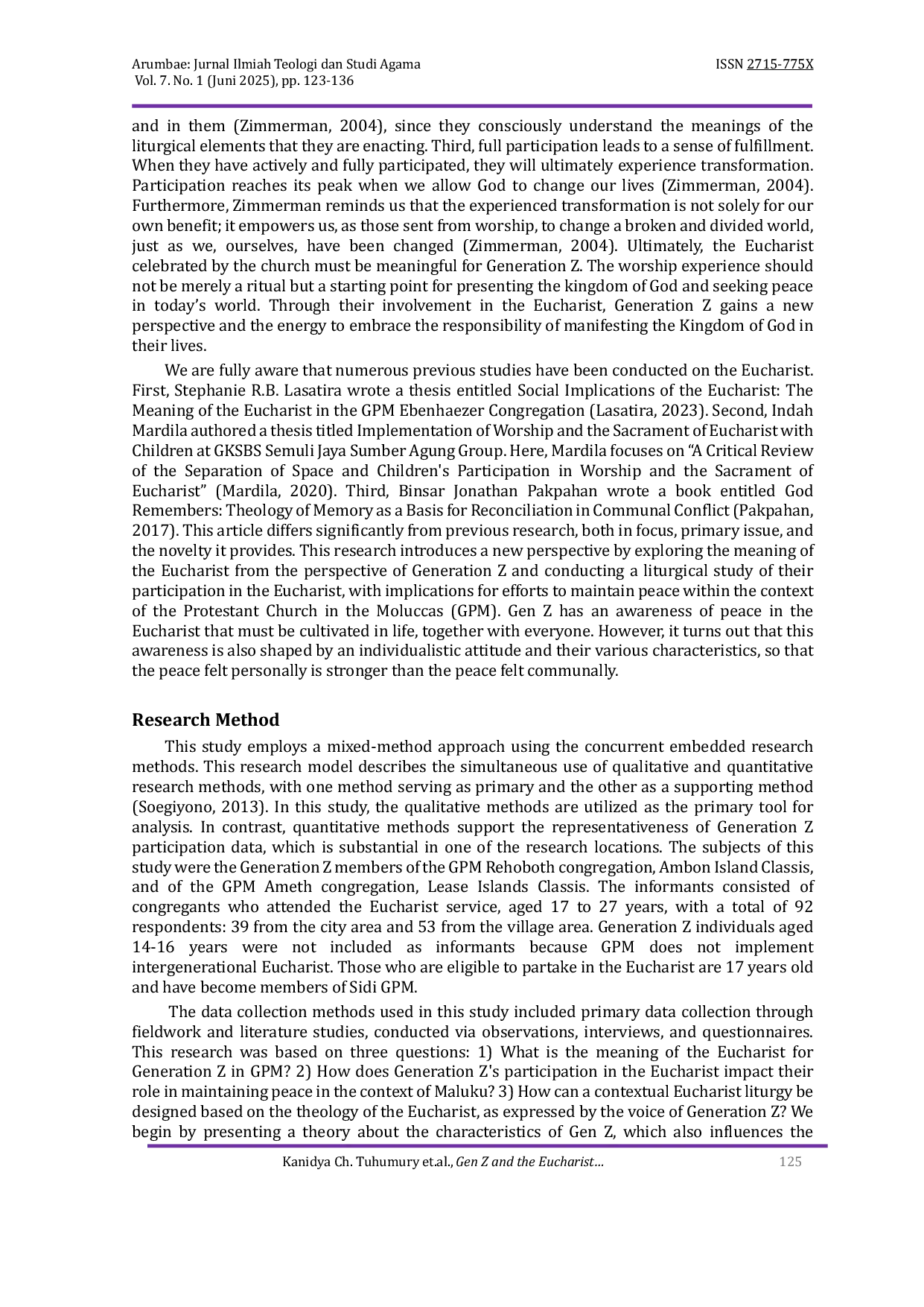 JURIS Gen Z and the Eucharist in the context of Maluku Protestant Church GPM A Liturgical Study