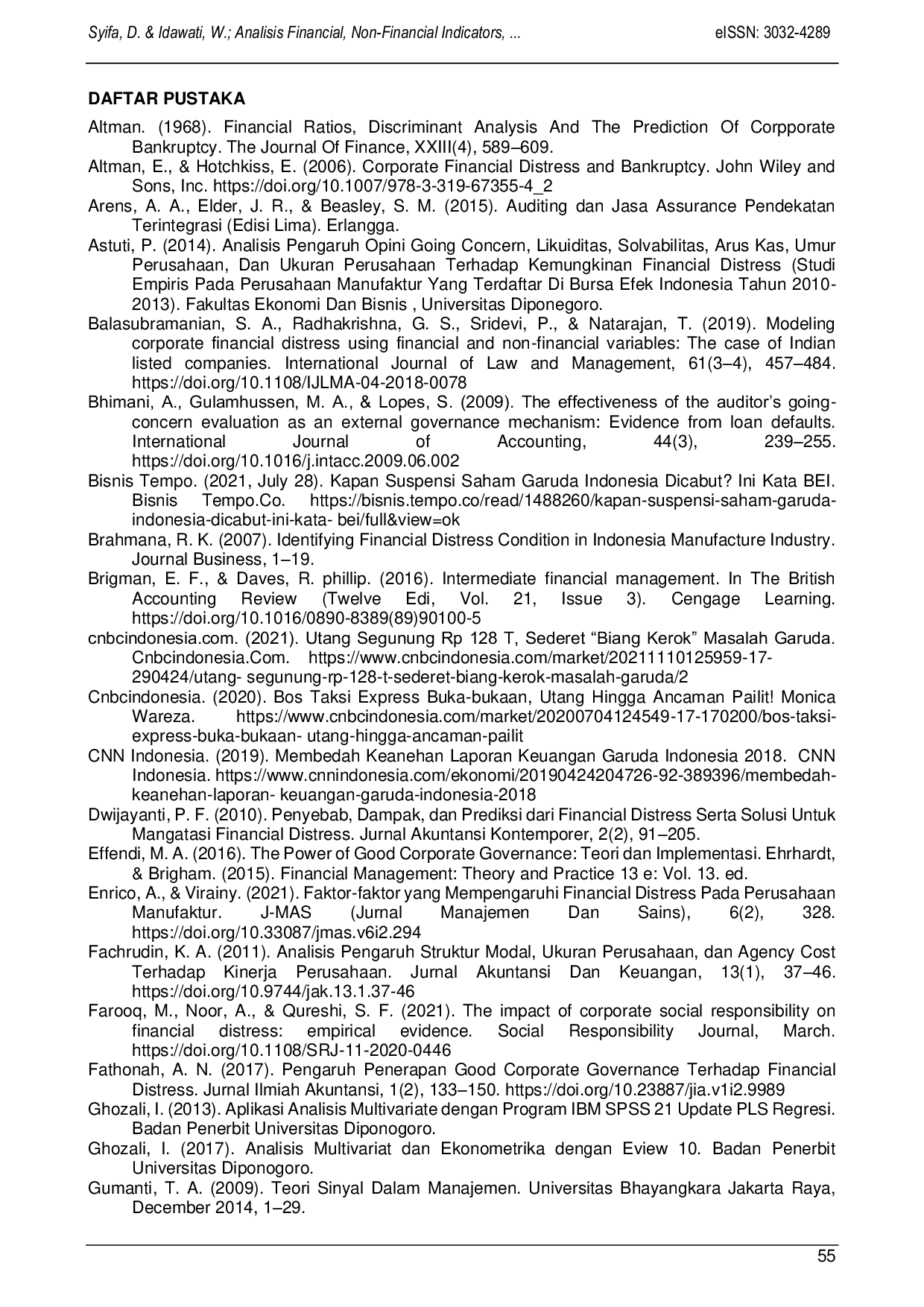 JURIS Analisis Financial Non Financial Indicators dan Corporate Governance terhadap Prediksi Financial Distress Perusahaan Sektor Transportasi yang Terdaftar di Bursa Efek Indonesia Tahun 2016 2020