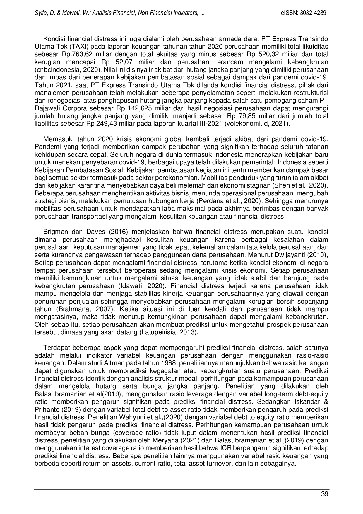 JURIS Analisis Financial Non Financial Indicators dan Corporate Governance terhadap Prediksi Financial Distress Perusahaan Sektor Transportasi yang Terdaftar di Bursa Efek Indonesia Tahun 2016 2020