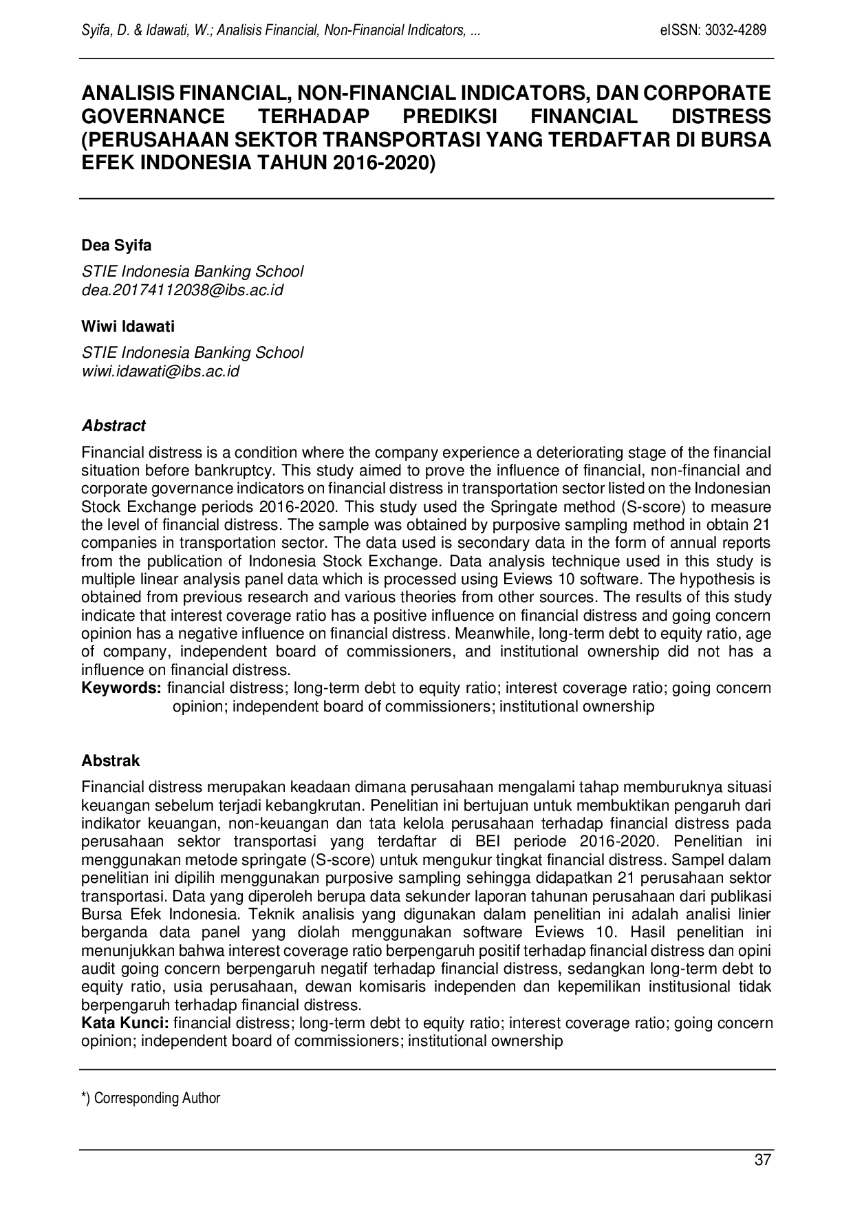 JURIS Analisis Financial Non Financial Indicators dan Corporate Governance terhadap Prediksi Financial Distress Perusahaan Sektor Transportasi yang Terdaftar di Bursa Efek Indonesia Tahun 2016 2020