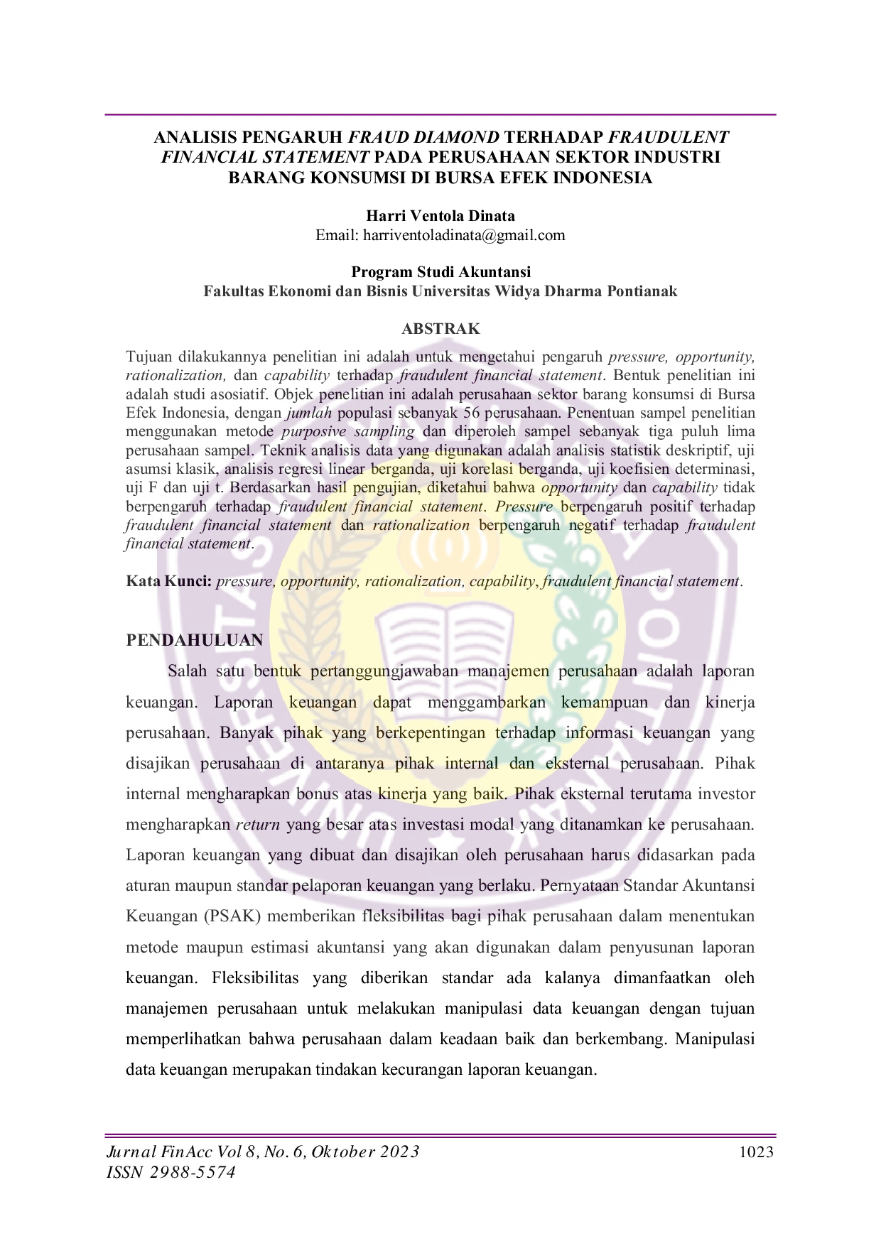 JURIS Analisis Pengaruh Fraud Diamond Terhadap Fraudulent Financial Statement Pada Perusahaan Sektor Industri Barang Konsumsi Di Bursa Efek Indonesia