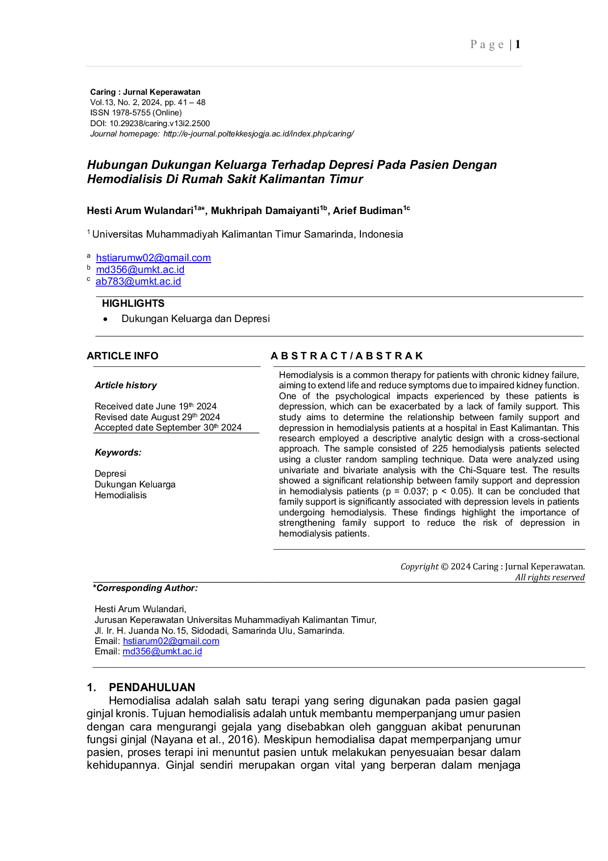 JURIS Hubungan Dukungan Keluarga Terhadap Depresi Pada Pasien Dengan Hemodialisis di Rumah Sakit Kalimantan Timur