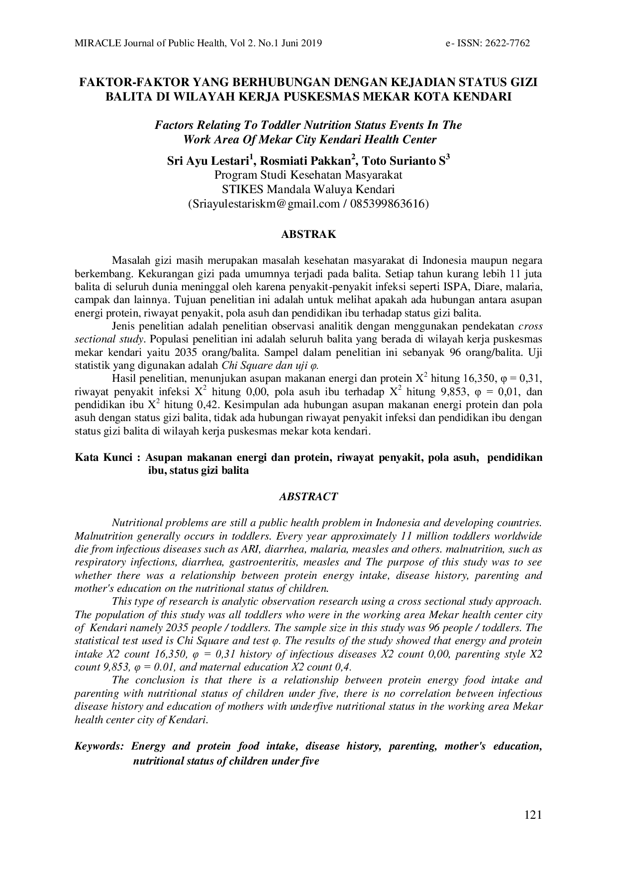 JURIS Faktor Faktor Yang Berhubungan Dengan Kejadian Status Gizi Balita Di Wilayah Kerja Puskesmas Mekar Kota Kendari