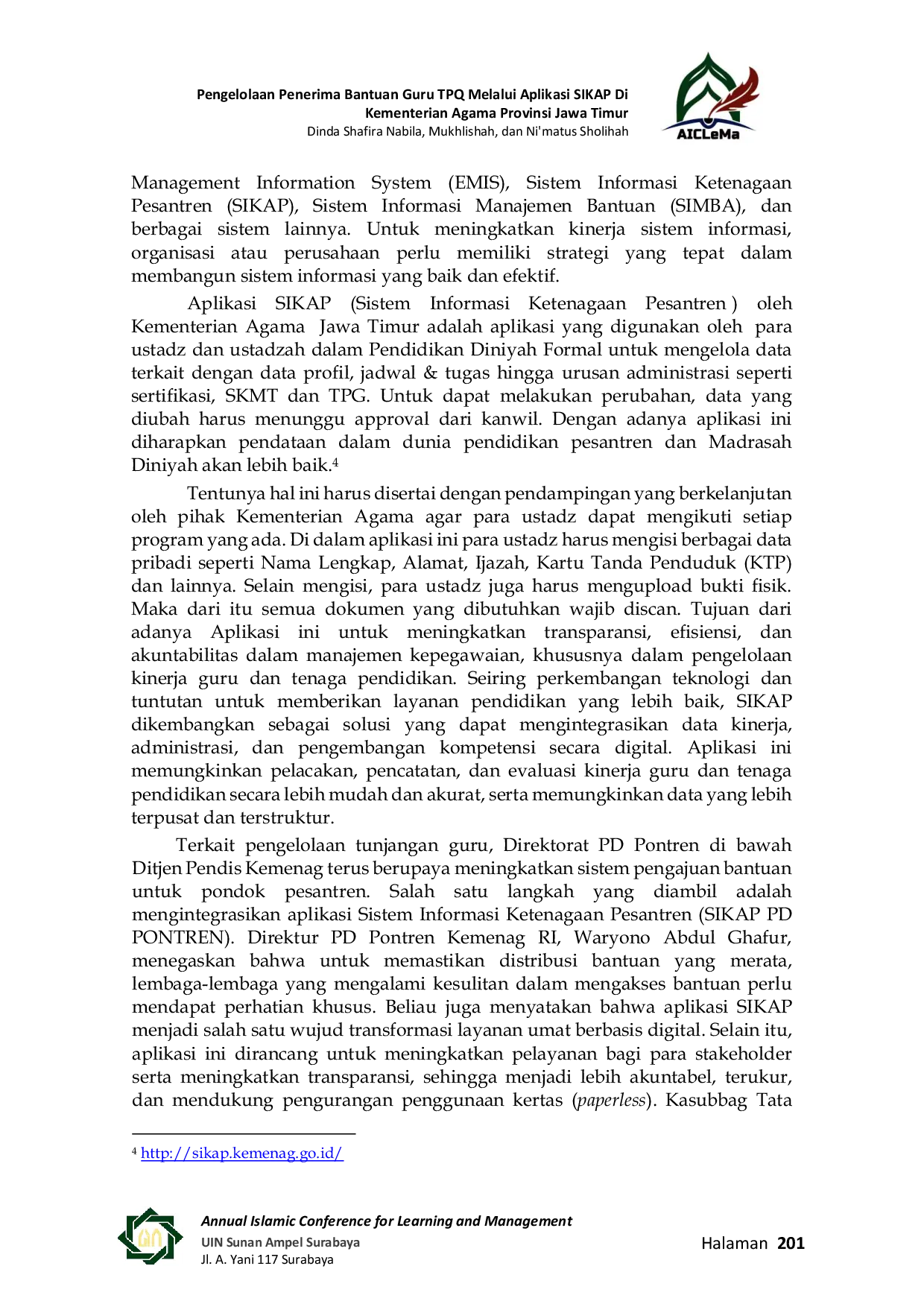 JURIS Pengelolaan Penerima Bantuan Guru TPQ Melalui Aplikasi SIKAP Di Kementerian Agama Provinsi Jawa Timur