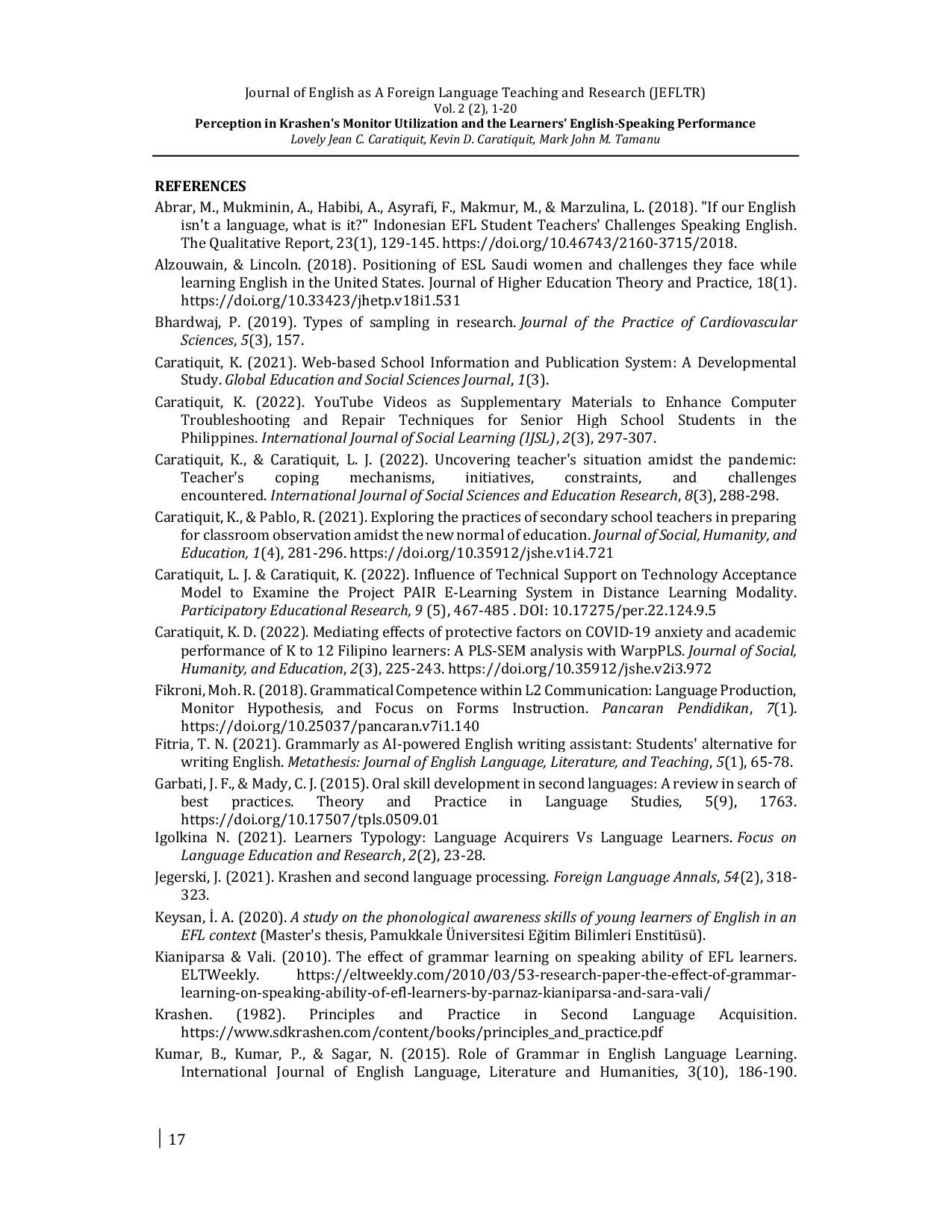 JURIS Perception in Krashen s Monitor Utilization and the Learners English Speaking Performance