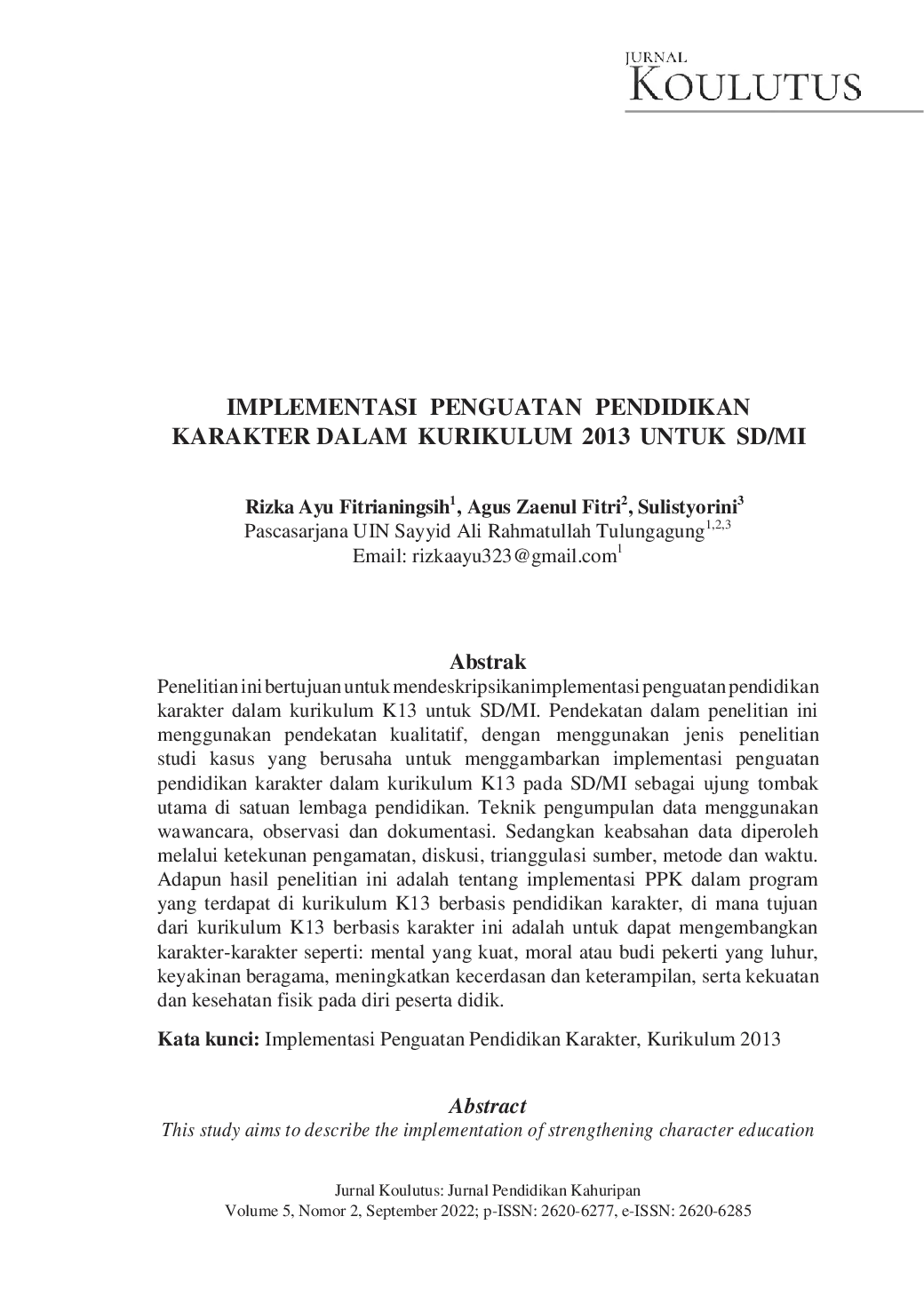 JURIS Implementation of Character Education Strengthening in Curriculum 2013 for SD MI