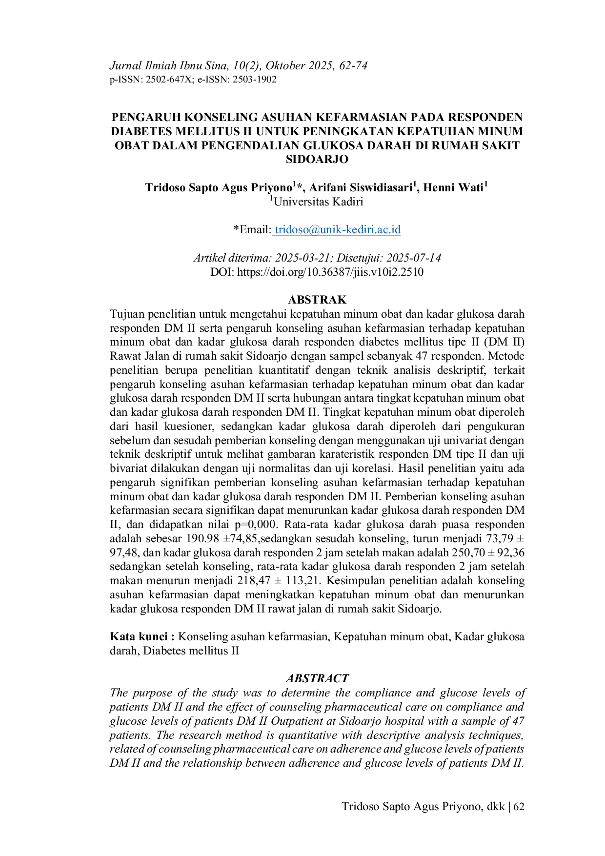 JURIS Pengaruh Konseling Asuhan Kefarmasian Pada Responden Diabetes Mellitus Ii Untuk Peningkatan Kepatuhan Minum Obat Dalam Pengendalian Glukosa Darah Di Rumah Sakit Sidoarjo