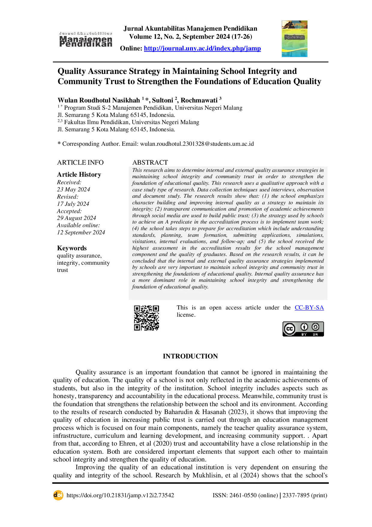 JURIS Quality Assurance Strategy in Maintaining School Integrity and Community Trust to Strengthen the Foundations of Education Quality
