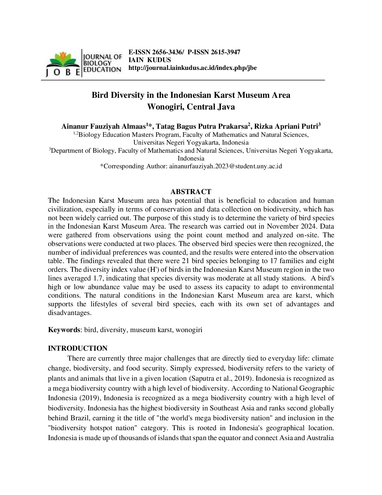 JURIS Bird Diversity in the Indonesian Karst Museum Area Wonogiri Central Java