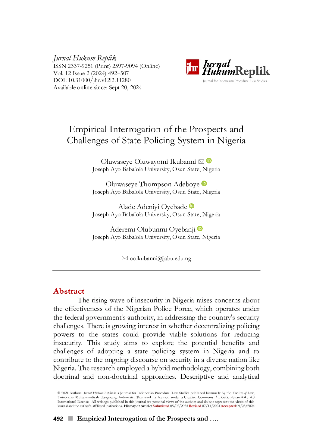 JURIS Empirical Examination of the Prospects and Challenges of the State Policing System in Nigeria