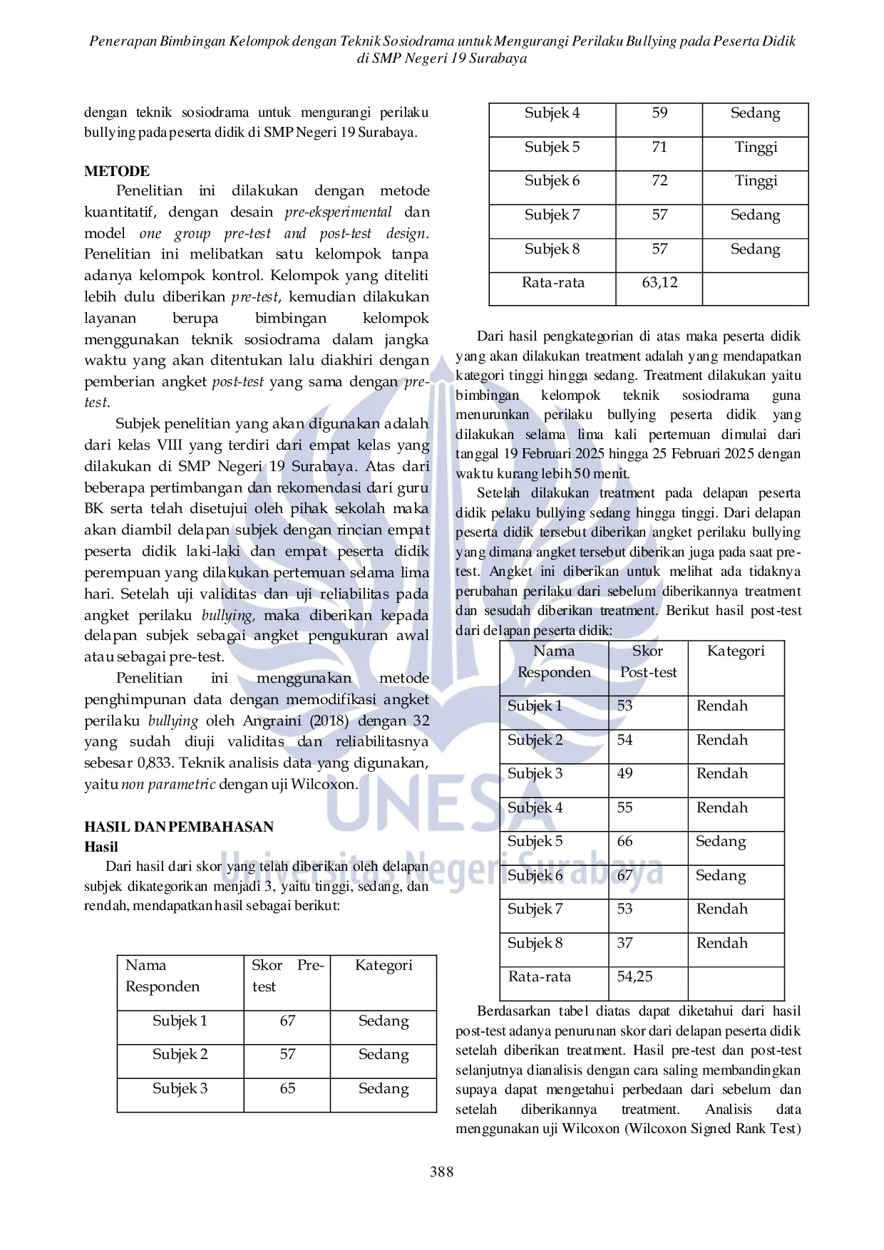 JURIS Penerapan Bimbingan Kelompok dengan Teknik Sosiodrama untuk Mengurangi Perilaku Bullying pada Peserta Didik di SMP Negeri 19 Surabaya