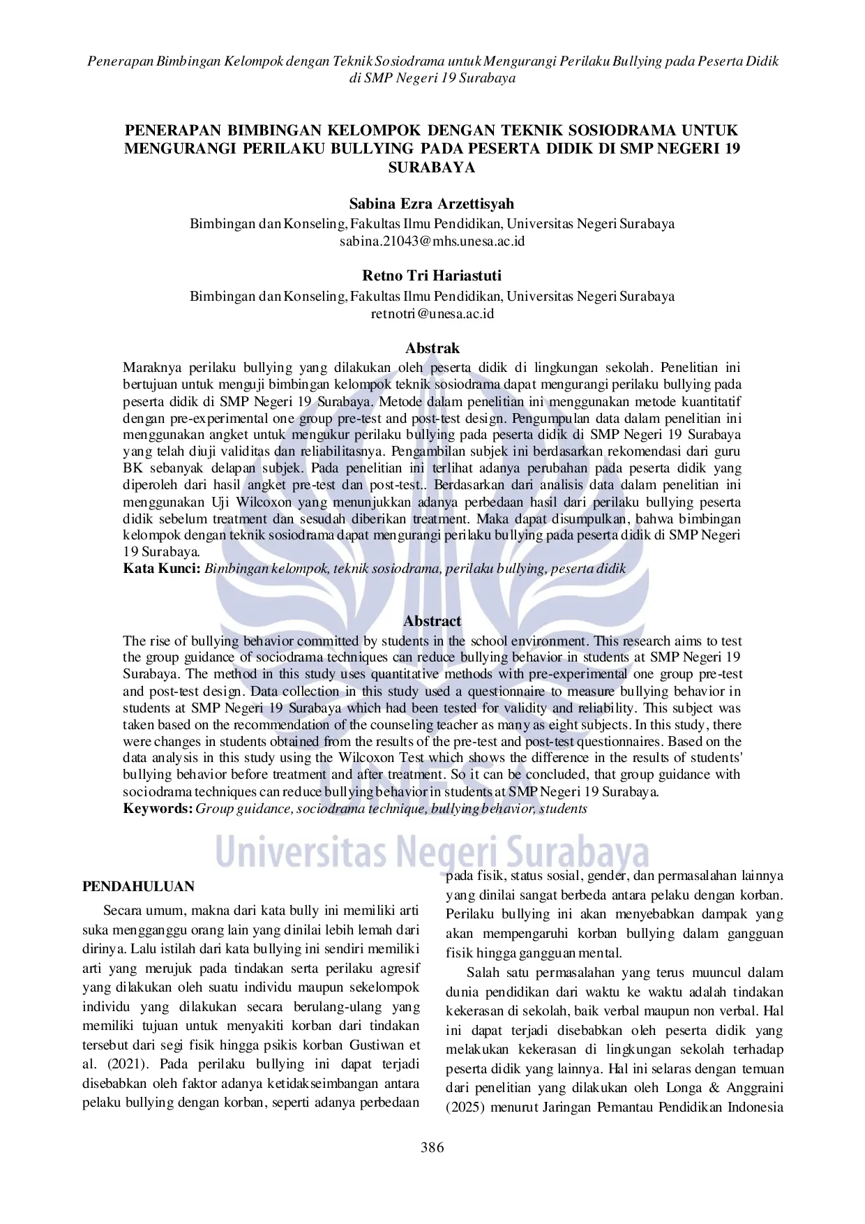 JURIS Penerapan Bimbingan Kelompok dengan Teknik Sosiodrama untuk Mengurangi Perilaku Bullying pada Peserta Didik di SMP Negeri 19 Surabaya