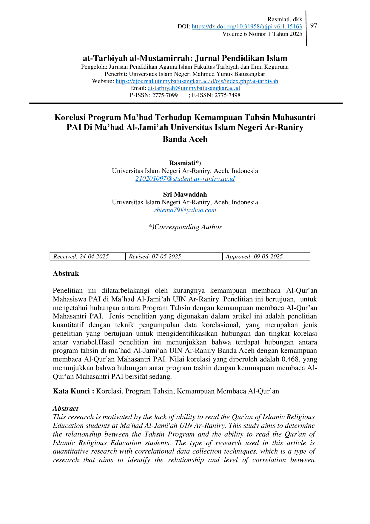 JURIS Korelasi Program Tahsin terhadap Kemampuan Membaca Al Qur an Mahasantri PAI di Ma had Al Jami ah UIN Ar Raniry Banda Aceh