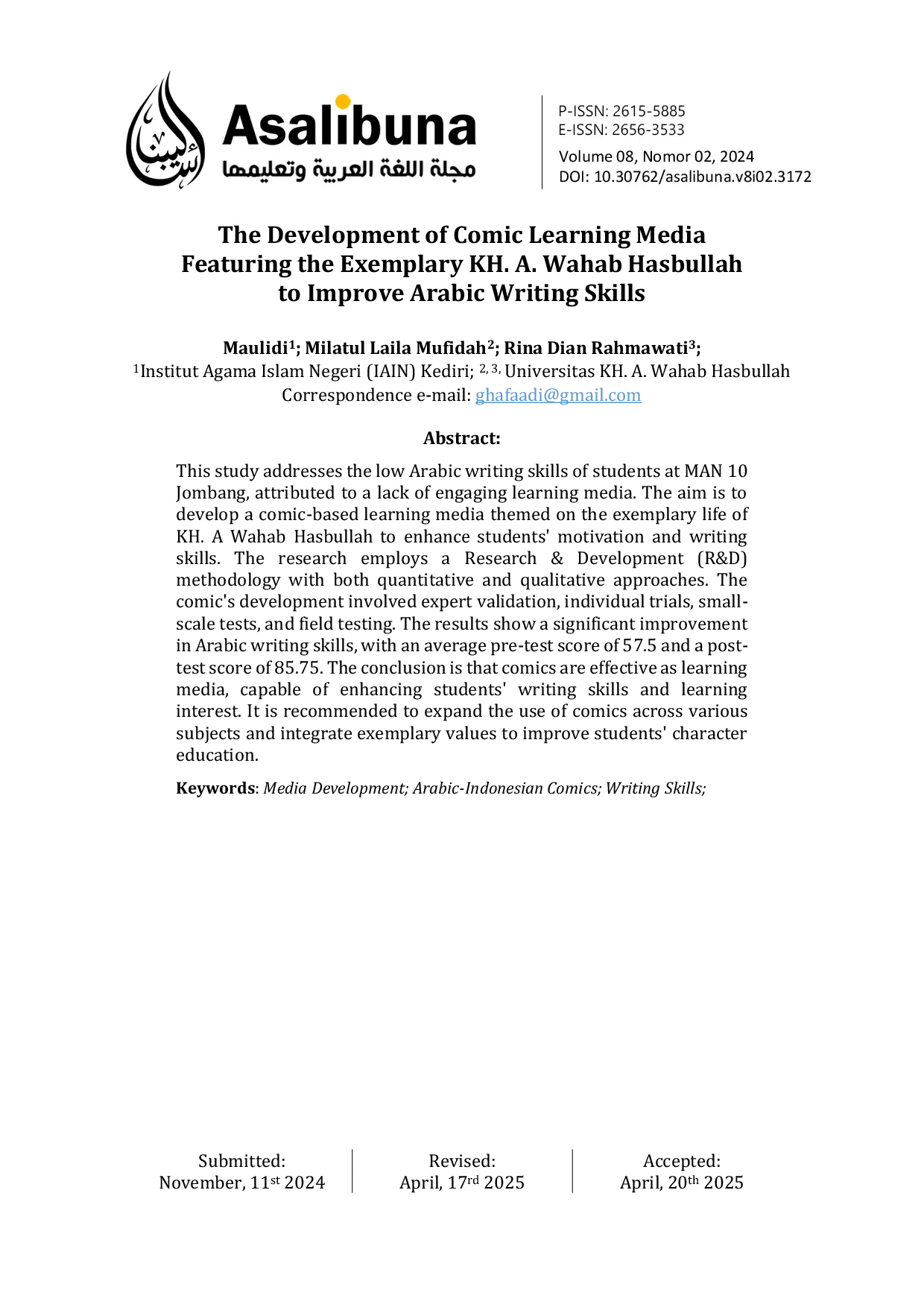 JURIS The Development of Comic Learning Media Featuring the Exemplary KH A Wahab Hasbullah to Improve Arabic Writing Skills
