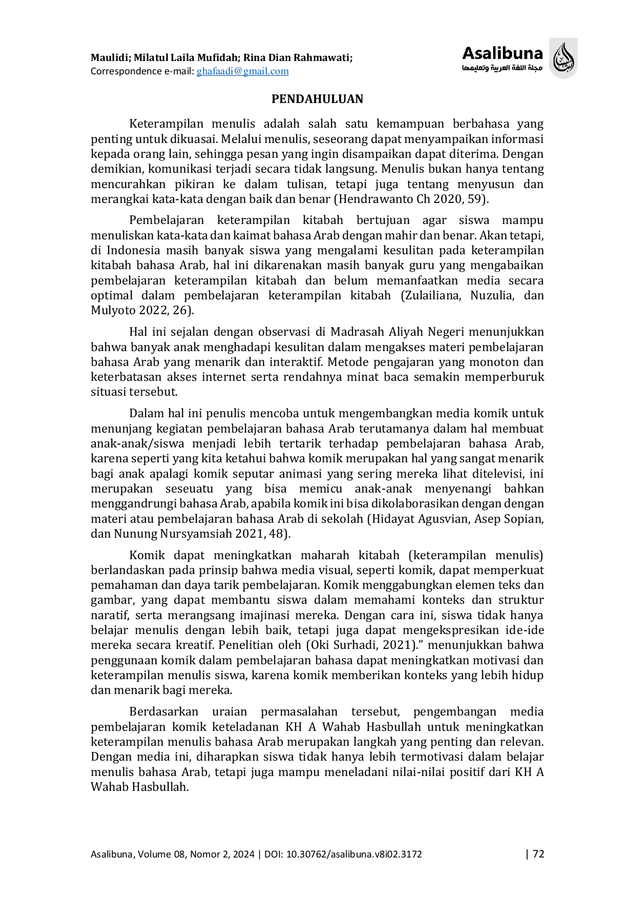 JURIS The Development of Comic Learning Media Featuring the Exemplary KH A Wahab Hasbullah to Improve Arabic Writing Skills