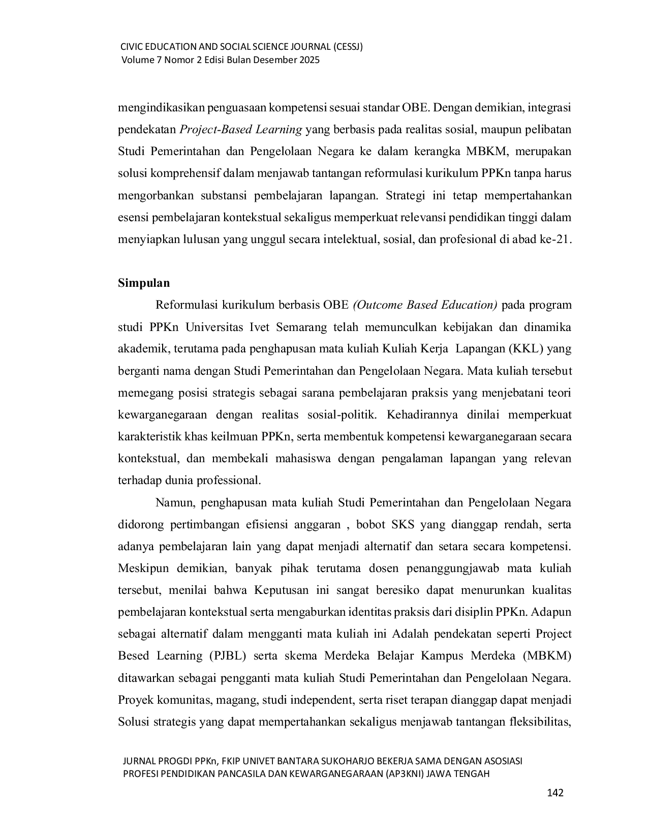 JURIS Analisis Kebijakan Program Studi PPKn Universitas Ivet Semarang Terhadap Penghapusan Mata Kuliah KKL pada Implementasi Kurikulum OBE