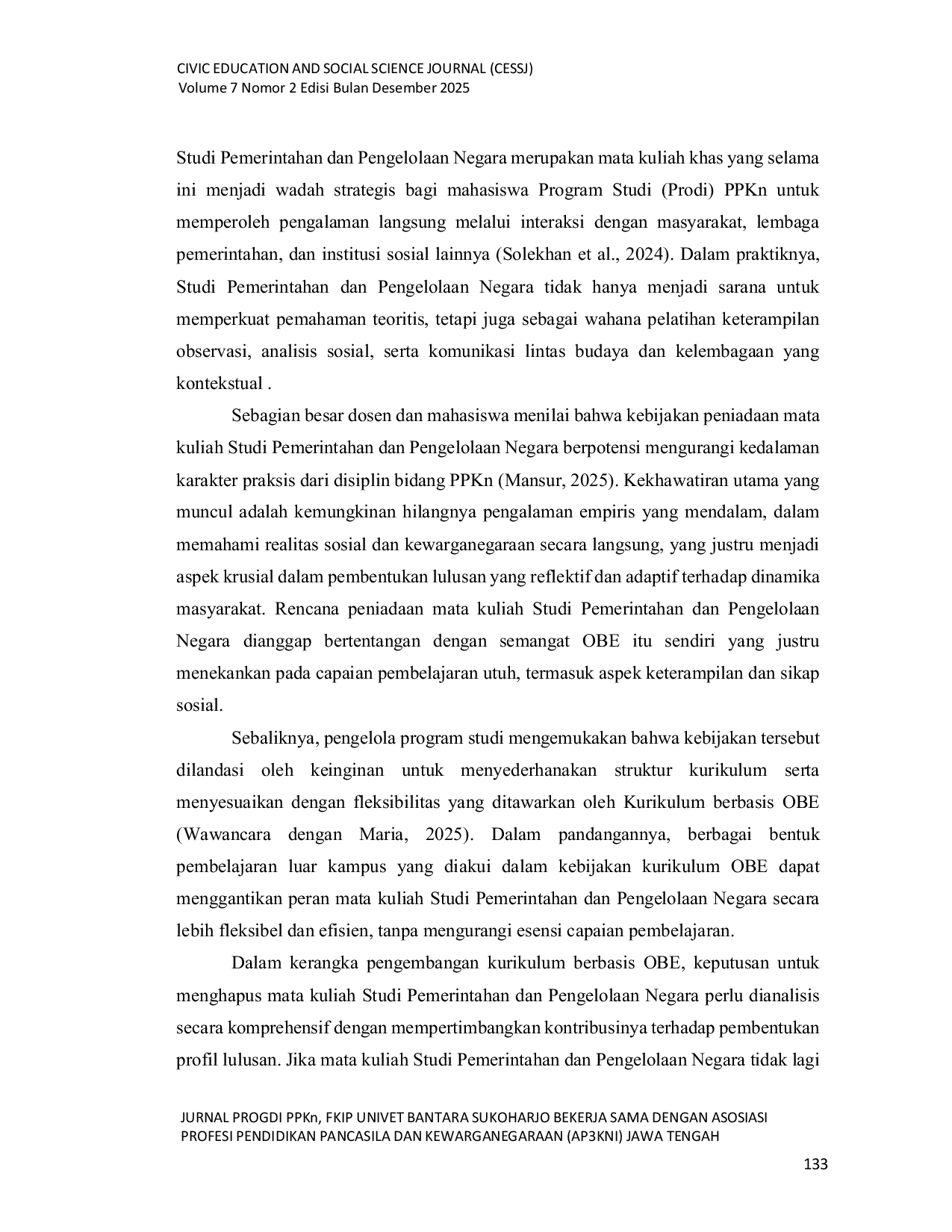 JURIS Analisis Kebijakan Program Studi PPKn Universitas Ivet Semarang Terhadap Penghapusan Mata Kuliah KKL pada Implementasi Kurikulum OBE