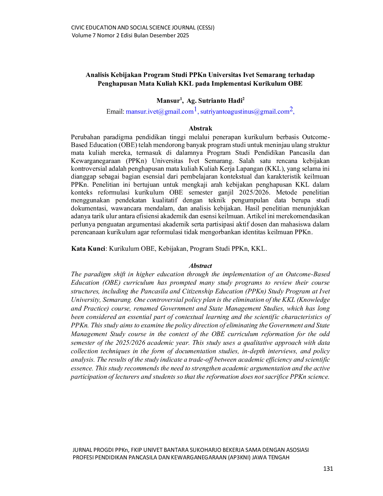 JURIS Analisis Kebijakan Program Studi PPKn Universitas Ivet Semarang Terhadap Penghapusan Mata Kuliah KKL pada Implementasi Kurikulum OBE