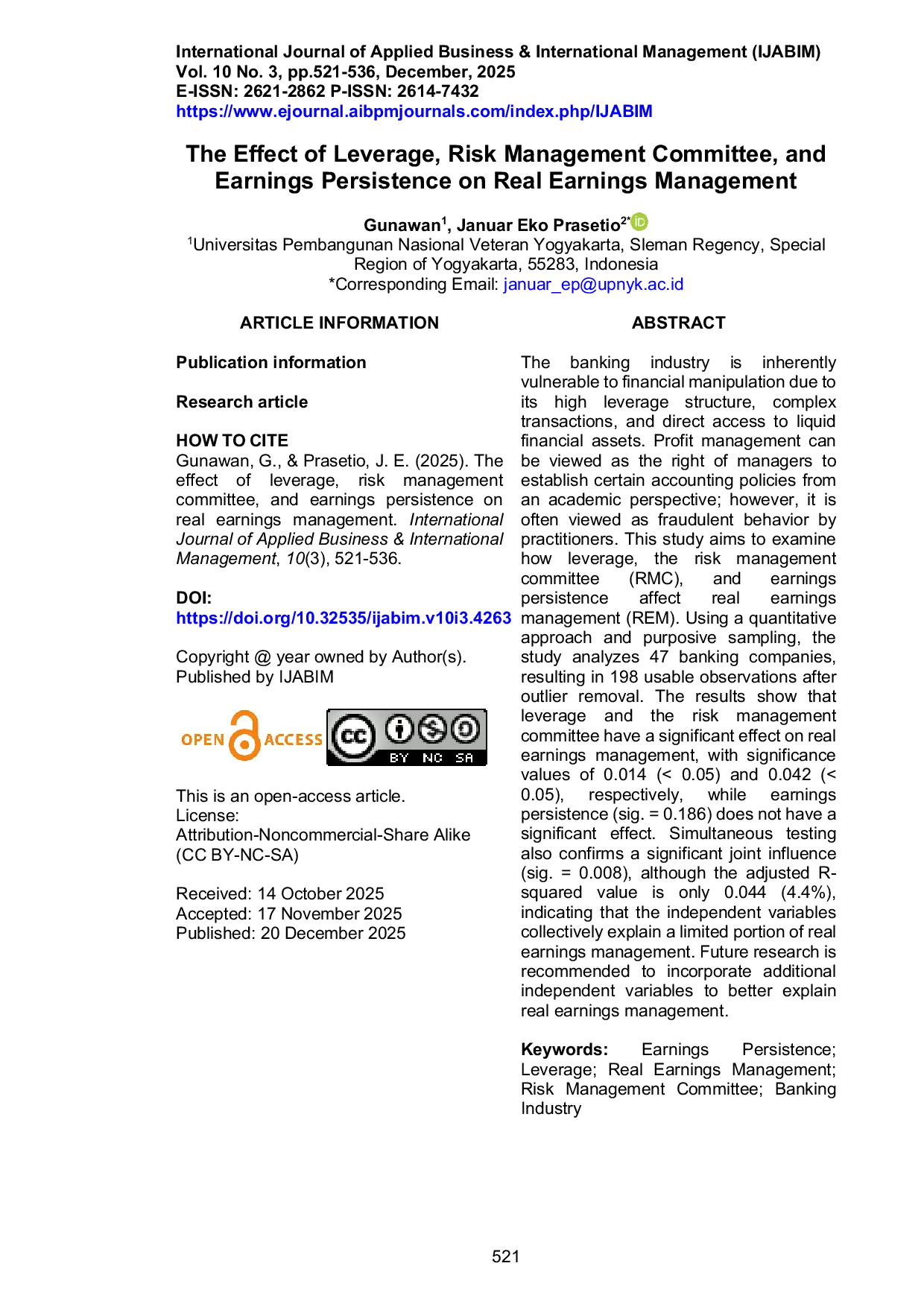 JURIS The Effect of Leverage Risk Management Committee and Earnings Persistence on Real Earnings Management