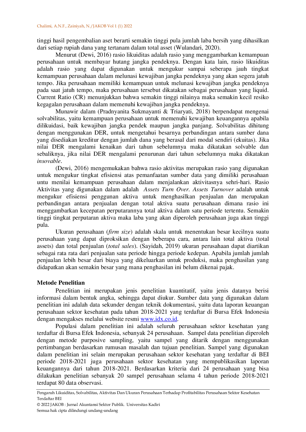JURIS Pengaruh Likuiditas Solvabilitas Aktivitas Dan Ukuran Perusahaan Terhadap Profitabilitas Perusahaan Sektor Kesehatan Terdaftar BEI