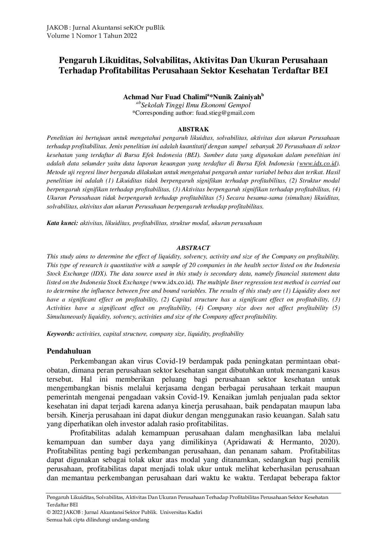 JURIS Pengaruh Likuiditas Solvabilitas Aktivitas Dan Ukuran Perusahaan Terhadap Profitabilitas Perusahaan Sektor Kesehatan Terdaftar BEI
