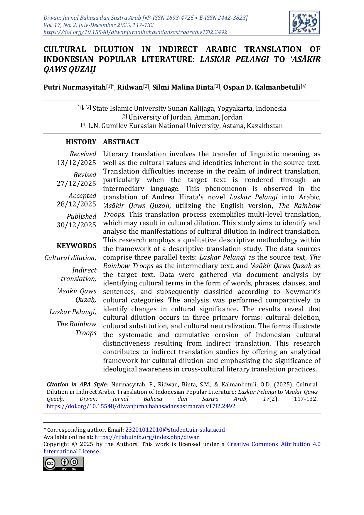JURIS Cultural dilution in indirect Arabic translation of Indonesian popular literature Laskar Pelangi to AsAkir Qaws Quzah