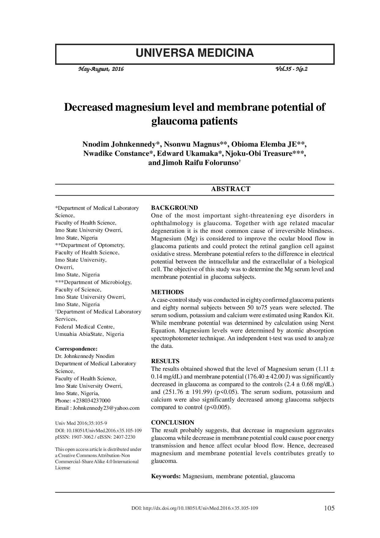 juris Decreased magnesium level and membrane potential of glaucoma patients