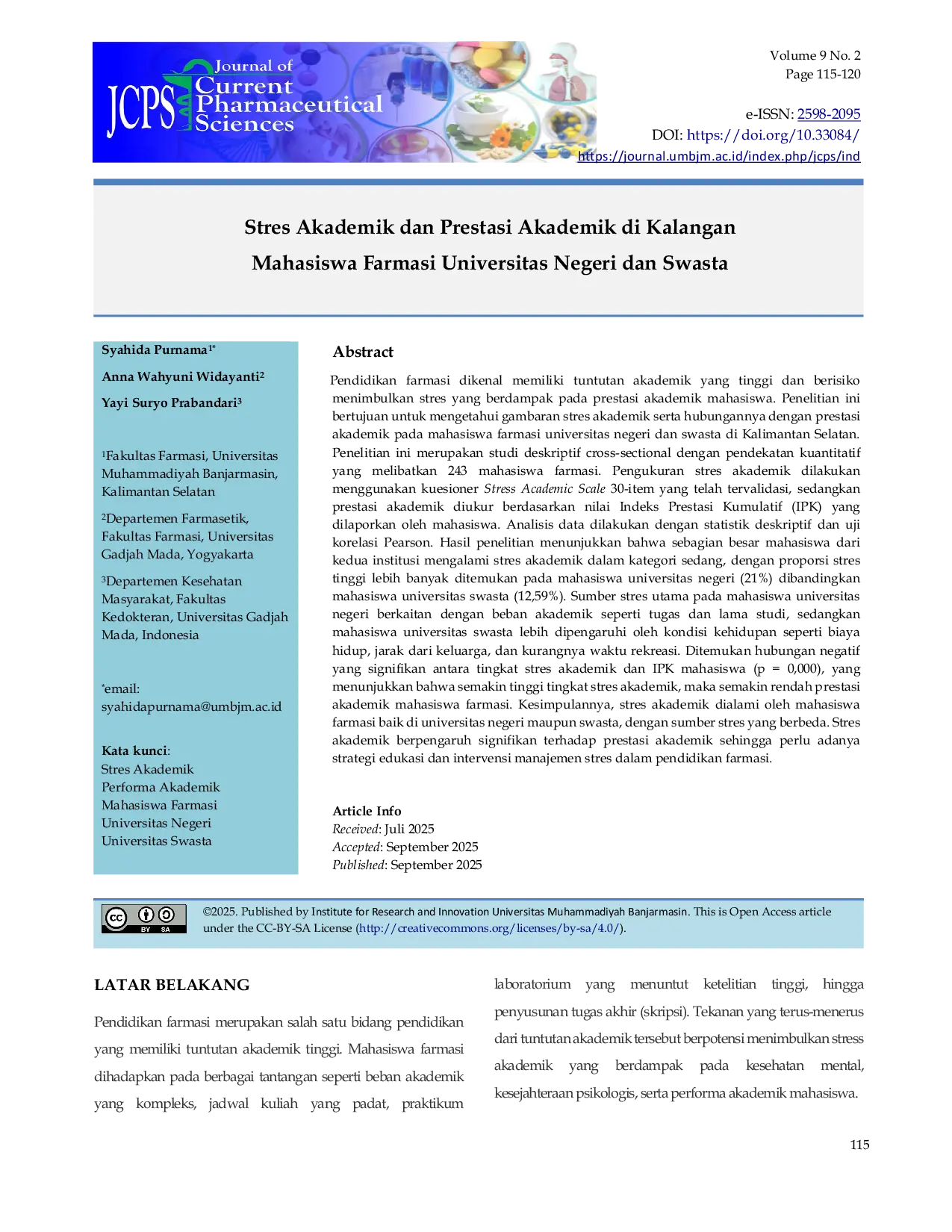 JURIS Stres Akademik dan Performa Akademik di Kalangan Mahasiswa Farmasi Universitas Negeri dan Swasta