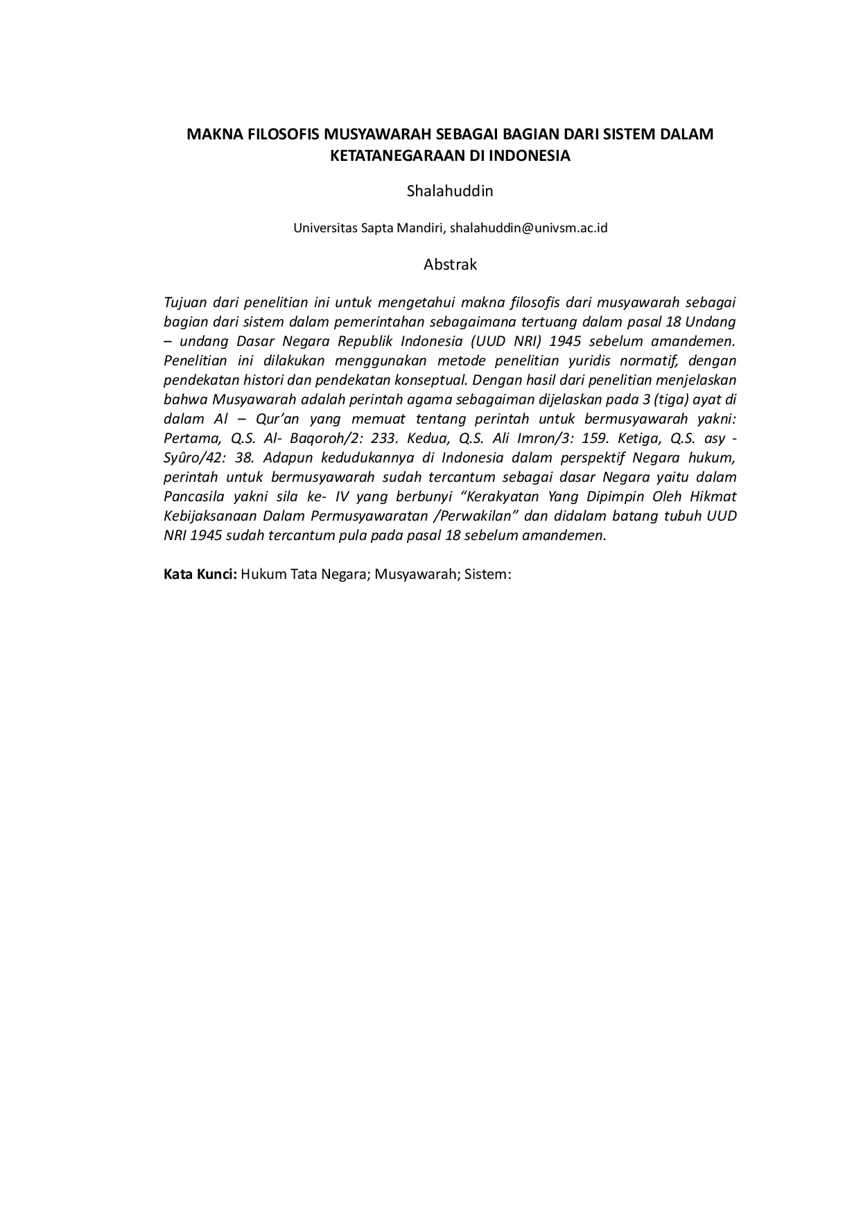 JURIS The Philosophical Meaning of Musyawarah as Part of the System in the Indonesian State System