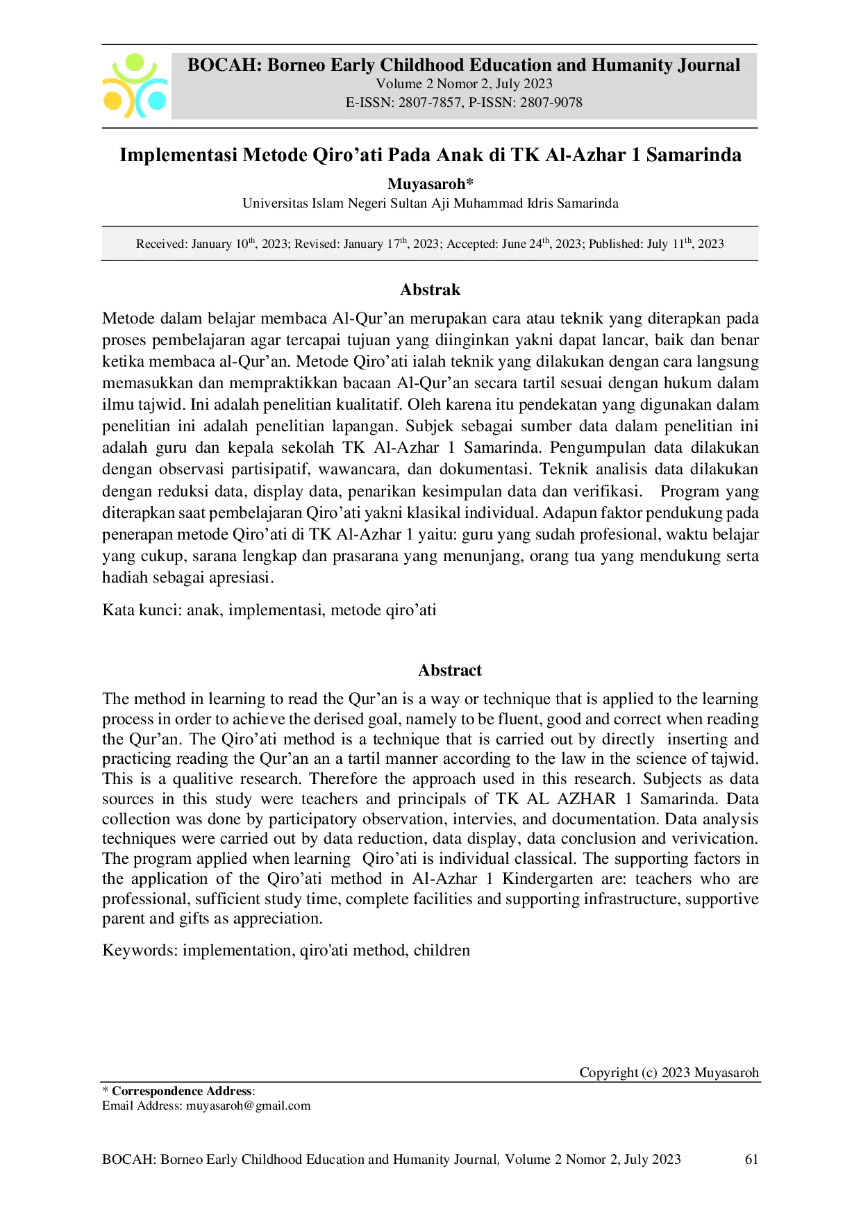 JURIS Implementasi Metode Qiro ati pada Anak di TK Al Azhar 1 Samarinda