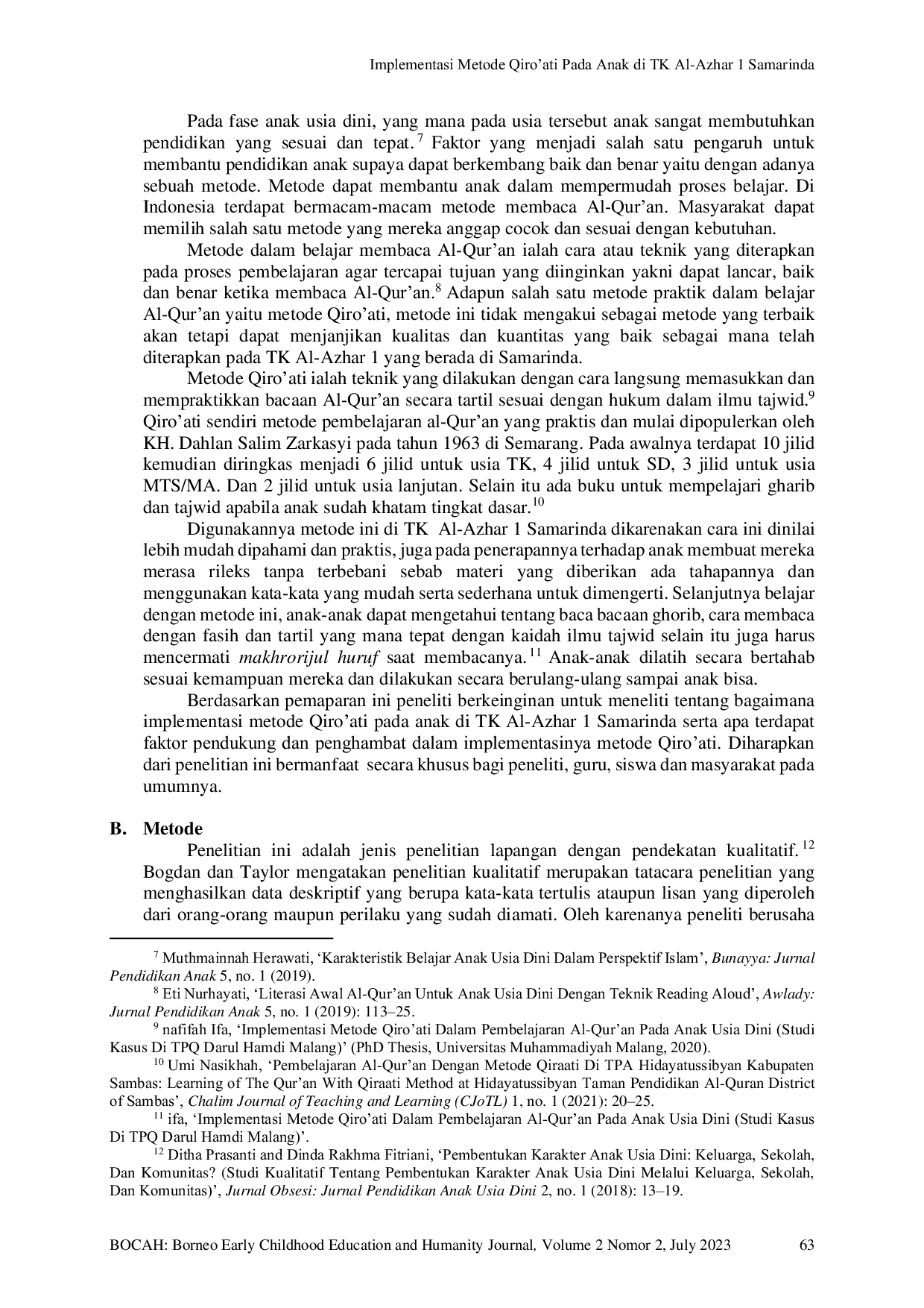 JURIS Implementasi Metode Qiro ati pada Anak di TK Al Azhar 1 Samarinda