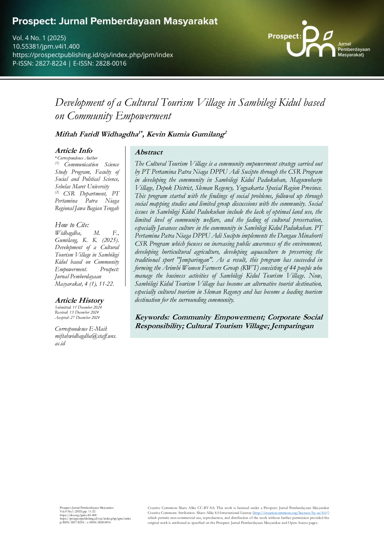 JURIS Development of a Cultural Tourism Village in Sambilegi Kidul based on Community Empowerment