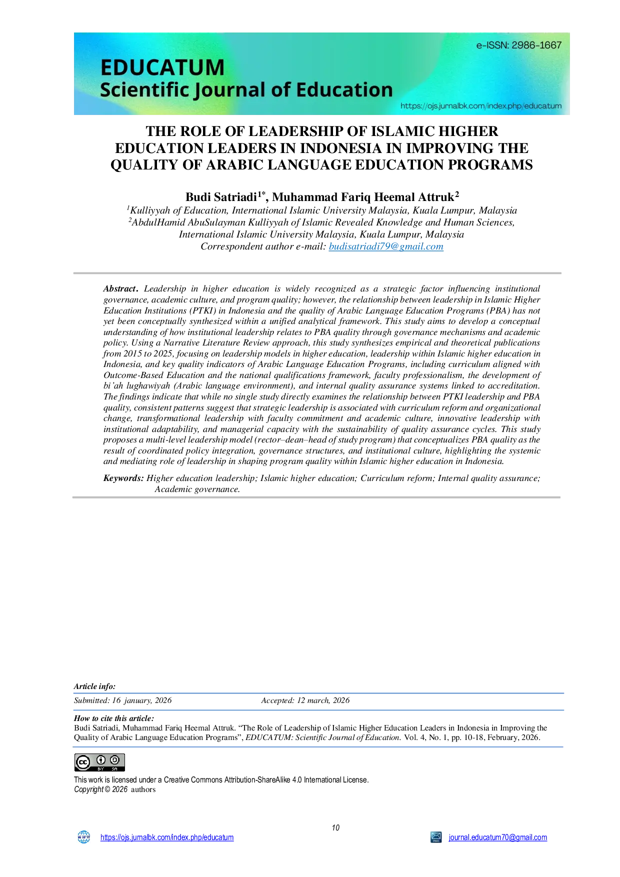 JURIS The Role Of Leadership Of Islamic Higher Education Leaders In Indonesia In Improving The Quality Of Arabic Language Education Programs
