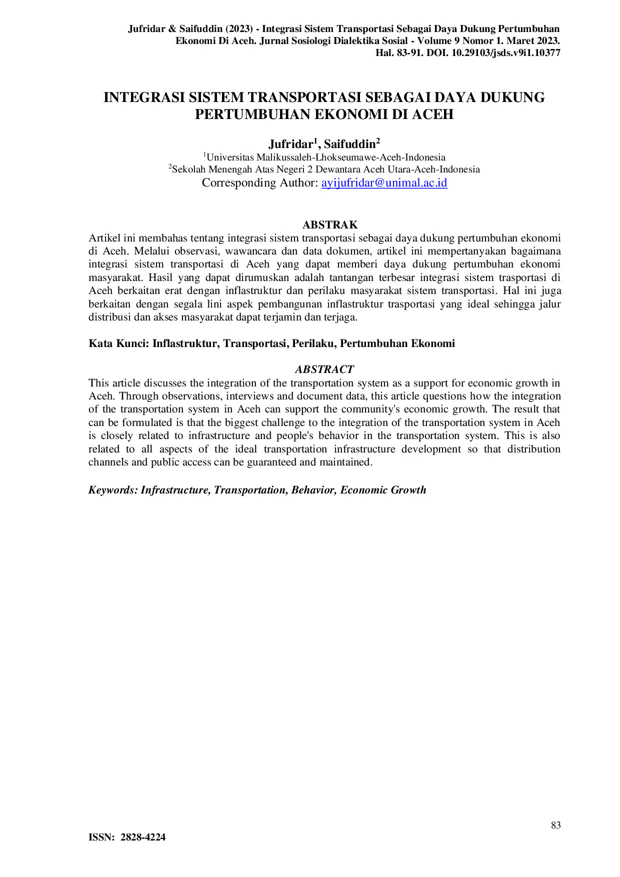 JURIS Integrasi Sistem Transportasi sebagai Daya Dukung Pertumbuhan Ekonomi di Aceh