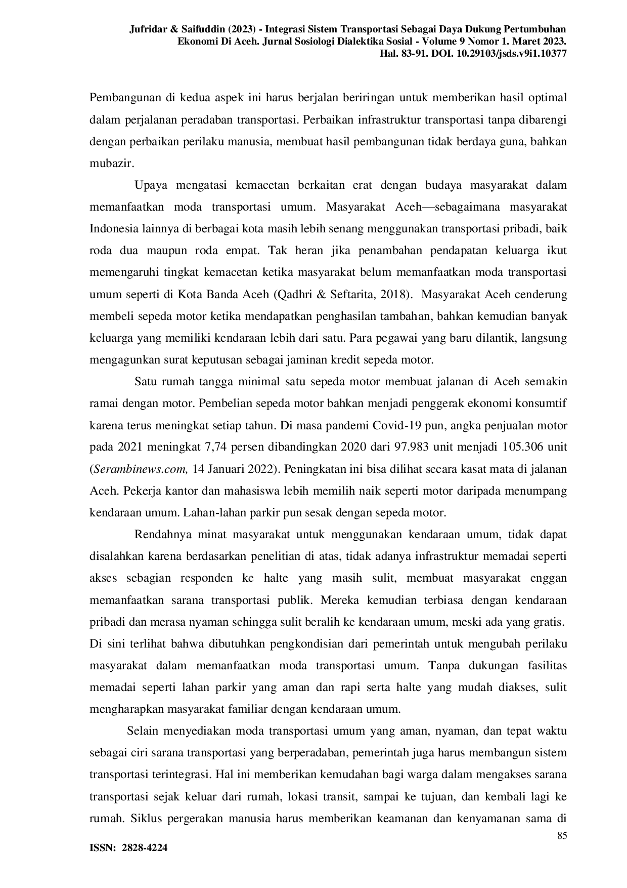 JURIS Integrasi Sistem Transportasi sebagai Daya Dukung Pertumbuhan Ekonomi di Aceh