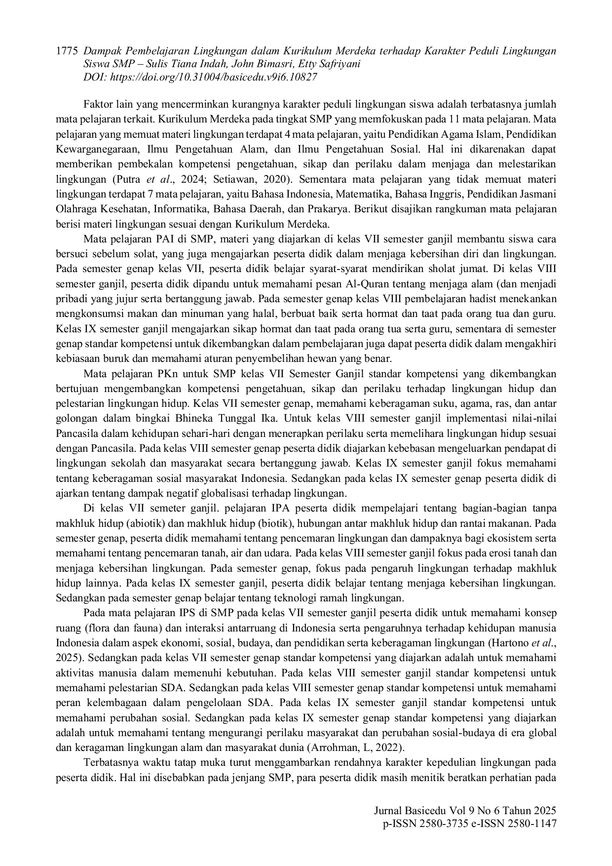 JURIS Dampak Pembelajaran Lingkungan dalam Kurikulum Merdeka terhadap Karakter Peduli Lingkungan Siswa SMP