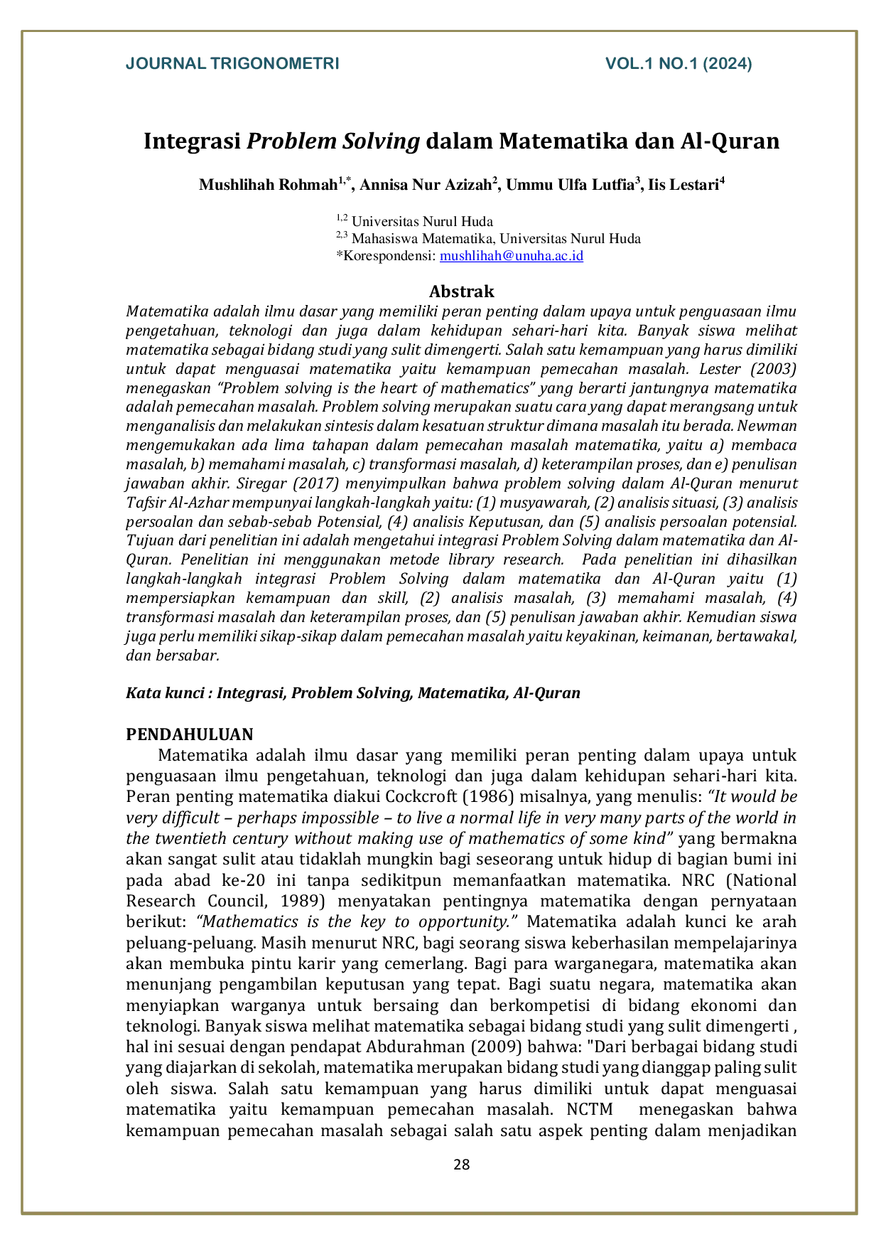 JURIS Integrasi Problem Solving dalam Matematika dan Al Quran