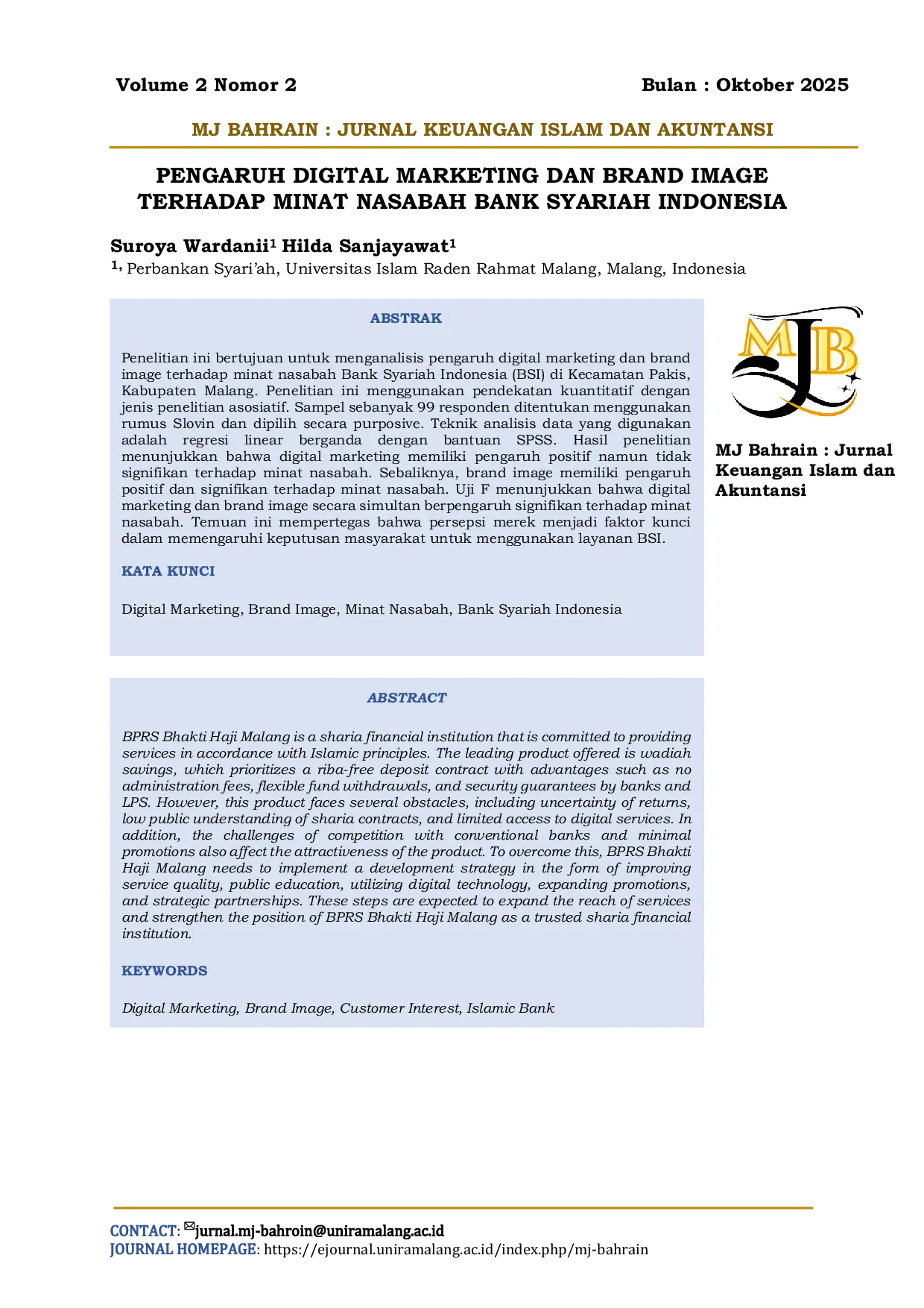 JURIS Pengaruh Digital Marketing Dan Brand Image Terhadap Minat Nasabah Bank Syariah Indonesia
