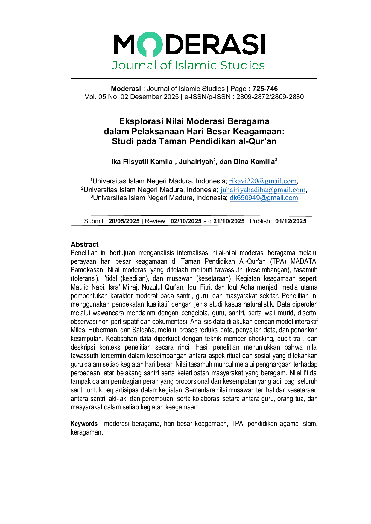 JURIS Eksplorasi Nilai Moderasi Beragama dalam Pelaksanaan Hari Besar Keagamaan Studi pada Taman Pendidikan al Qur an