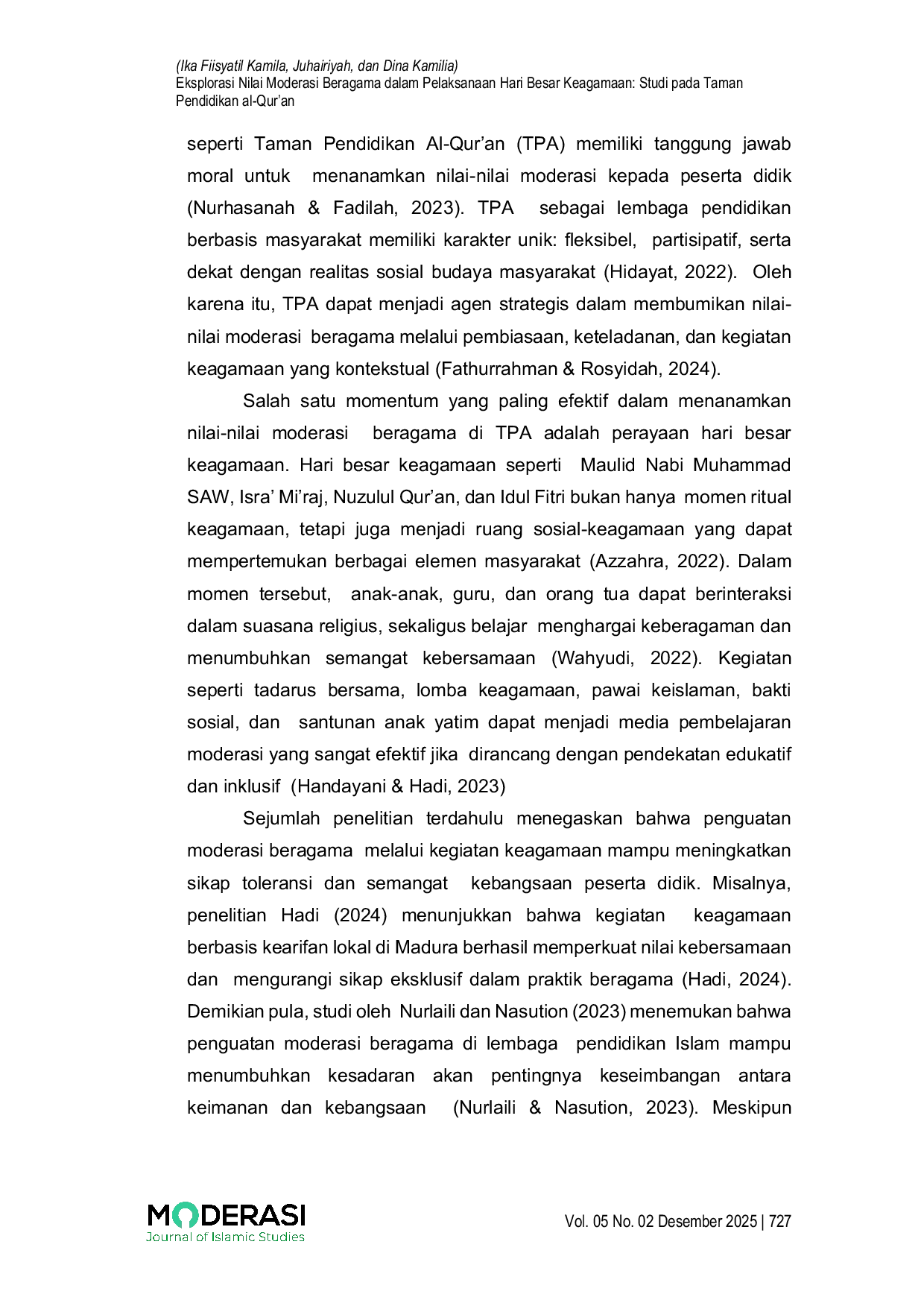 JURIS Eksplorasi Nilai Moderasi Beragama dalam Pelaksanaan Hari Besar Keagamaan Studi pada Taman Pendidikan al Qur an
