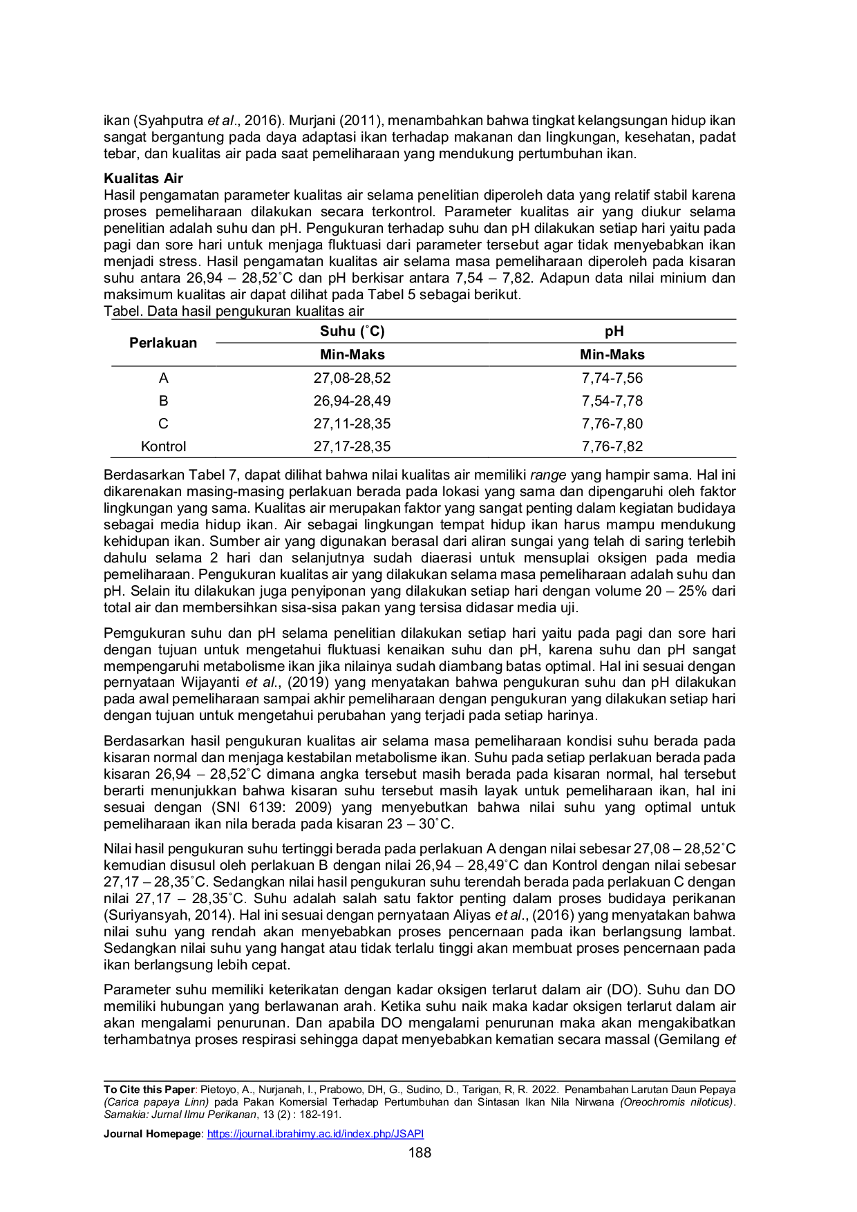 JURIS Penambahan Larutan Daun Pepaya Carica papaya Linn pada Pakan Komersial Terhadap Pertumbuhan dan Sintasan Ikan Nila Nirwana Oreochromis niloticus