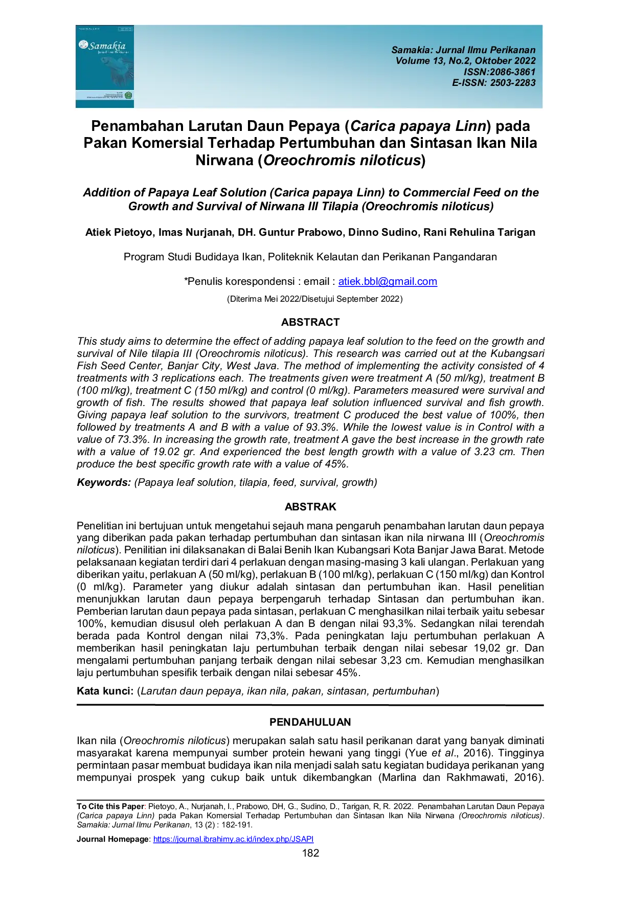 JURIS Penambahan Larutan Daun Pepaya Carica papaya Linn pada Pakan Komersial Terhadap Pertumbuhan dan Sintasan Ikan Nila Nirwana Oreochromis niloticus