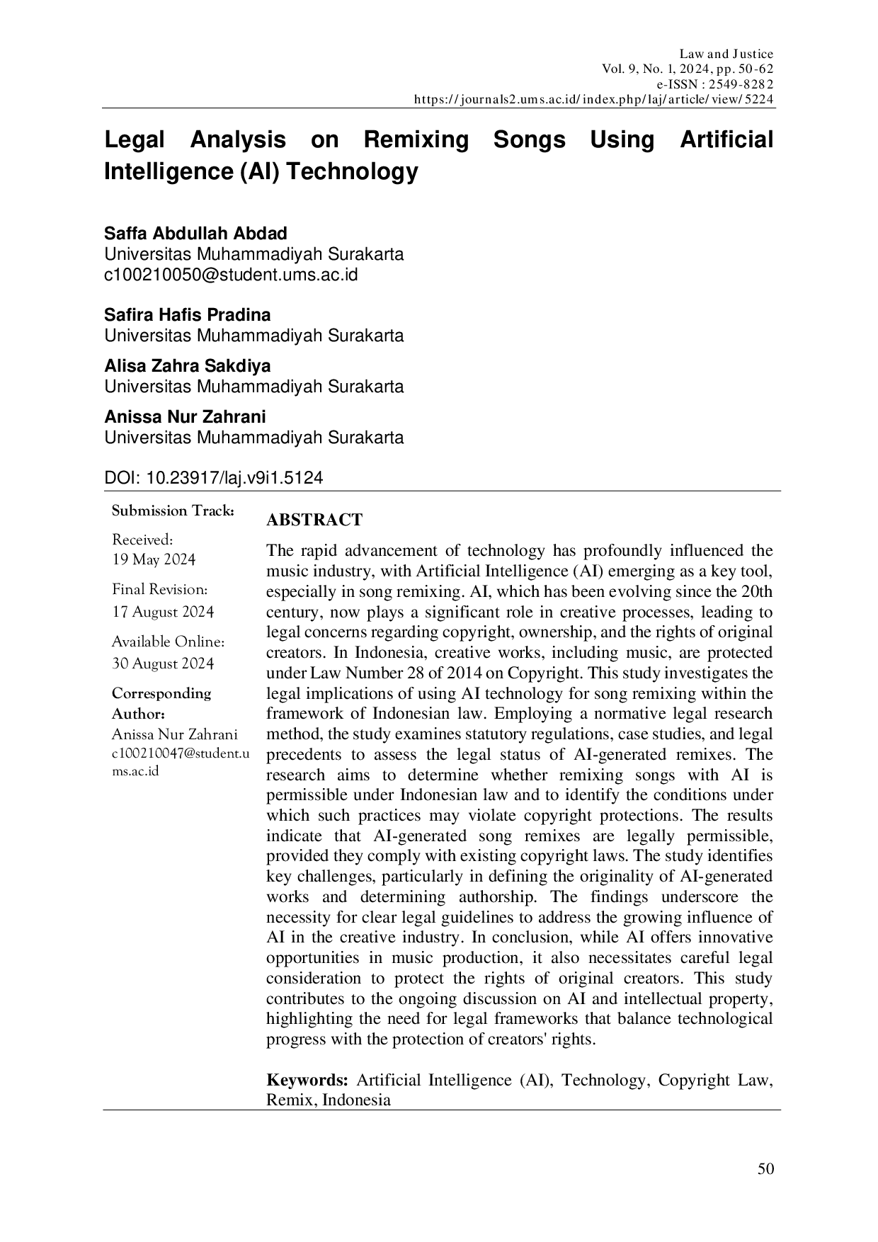 JURIS Legal Analysis on Remixing Songs Using Artificial Intelligence Ai Technology