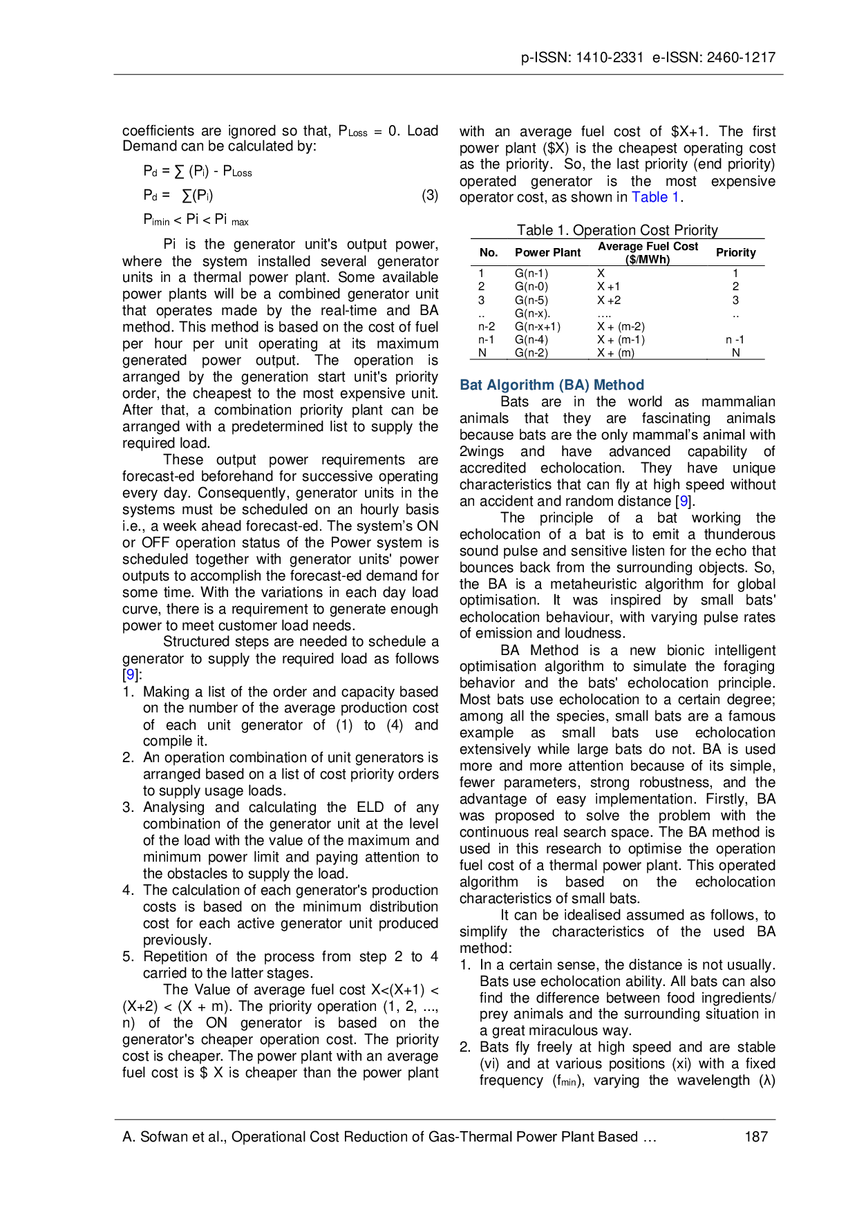 JURIS Operational Cost Reduction Of Gas Thermal Power Plant Based On Bat Algorithm