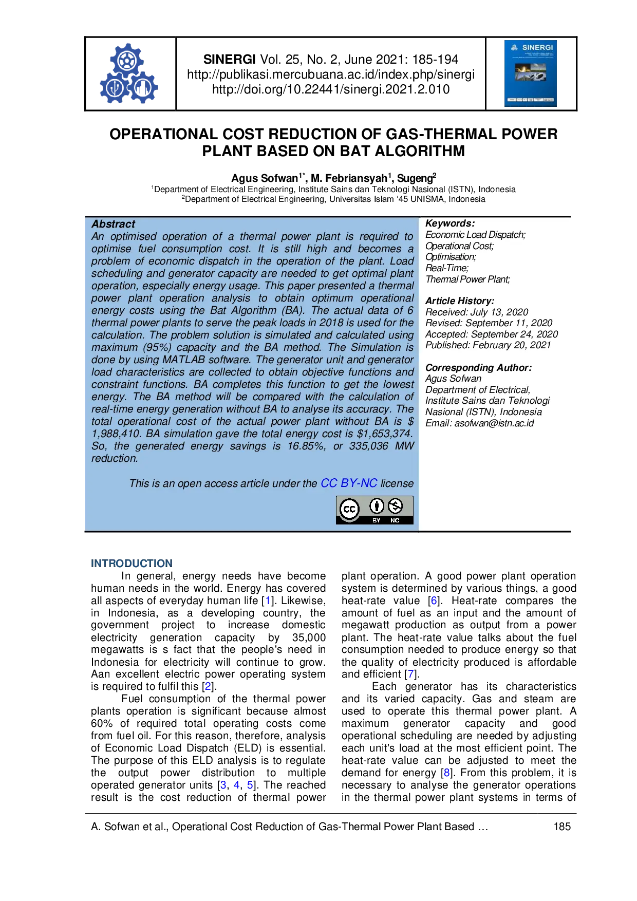 JURIS Operational Cost Reduction Of Gas Thermal Power Plant Based On Bat Algorithm